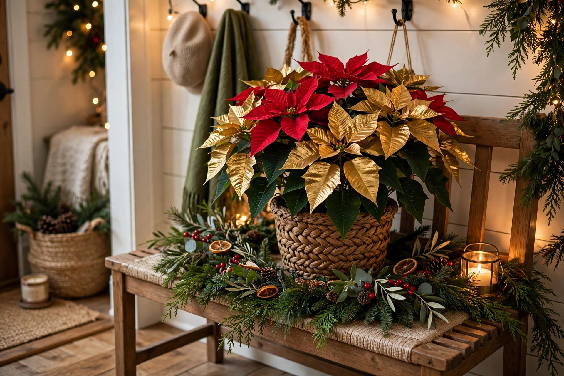 Poinsettia arrangement on an entryway bench in a decorative pot