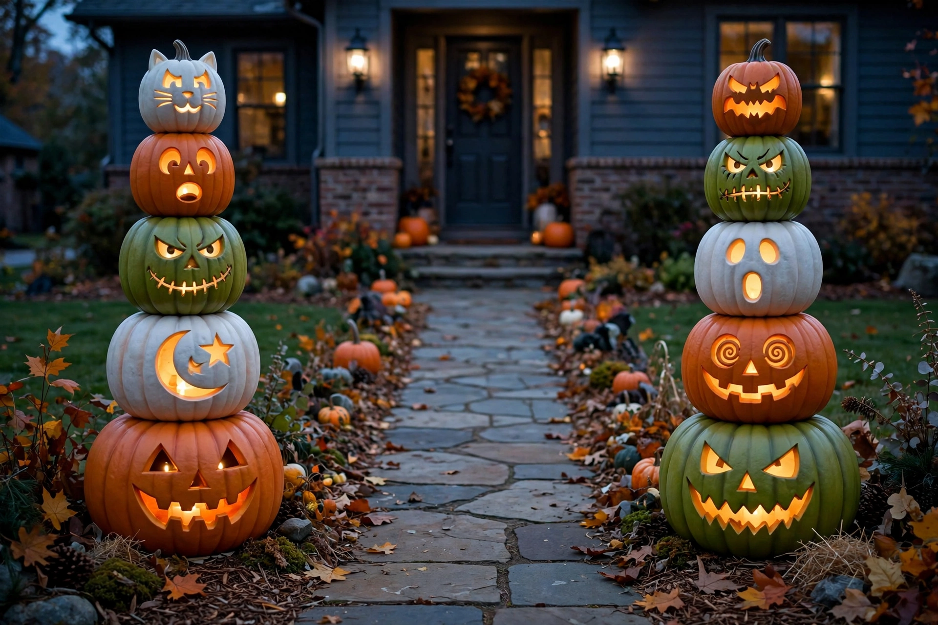 Stacked faux pumpkin towers of decreasing size flanking a walkway at dusk.