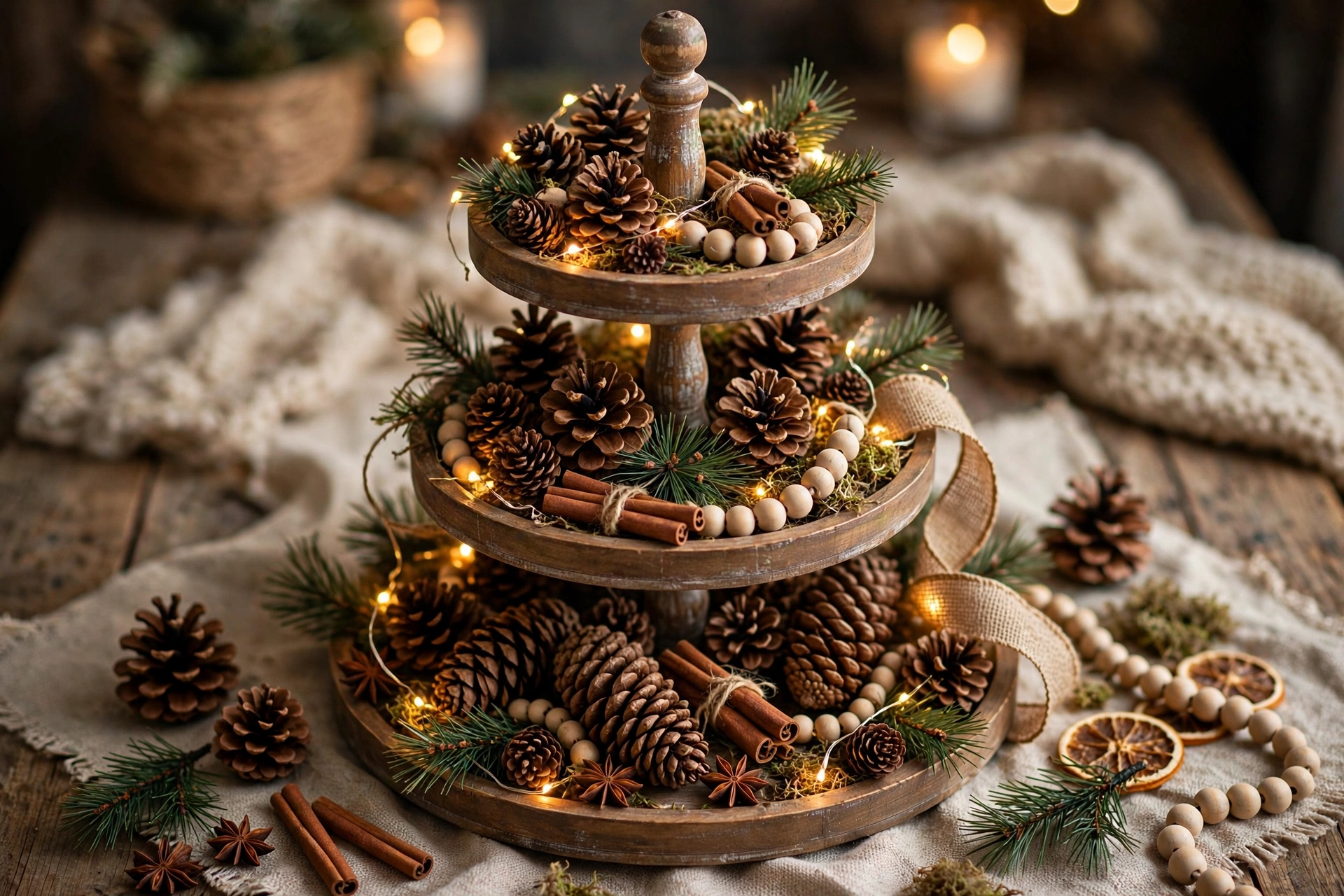 Rustic pinecone tray — Christmas tiered tray idea