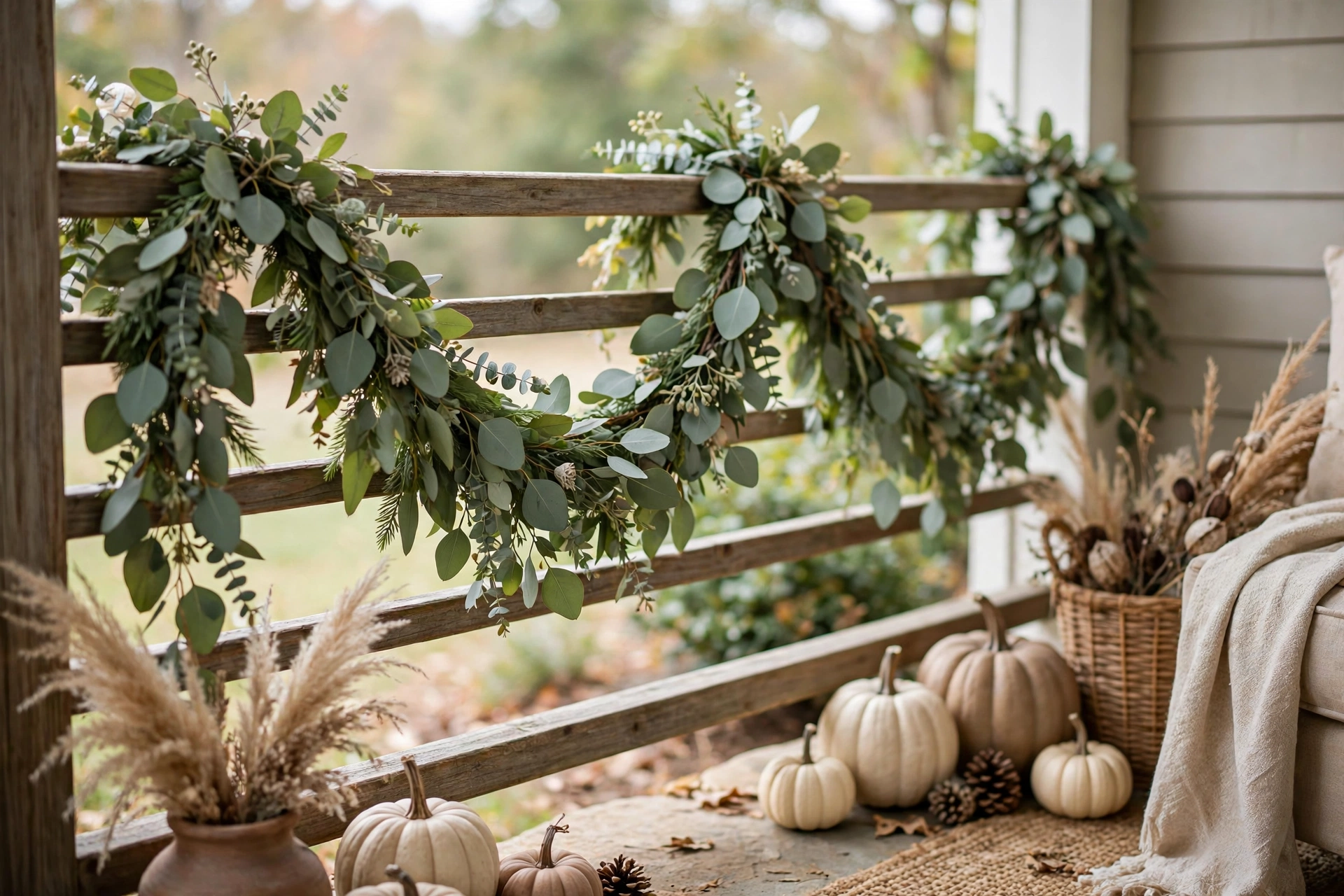 Eucalyptus garland draped along a porch railing in soft sage green.
