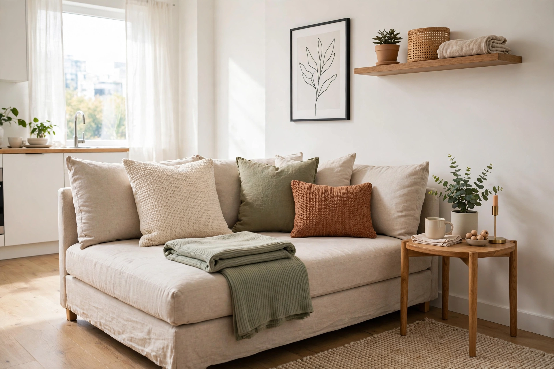 A studio apartment with a daybed sofa styled with cushions and a folded throw blanket