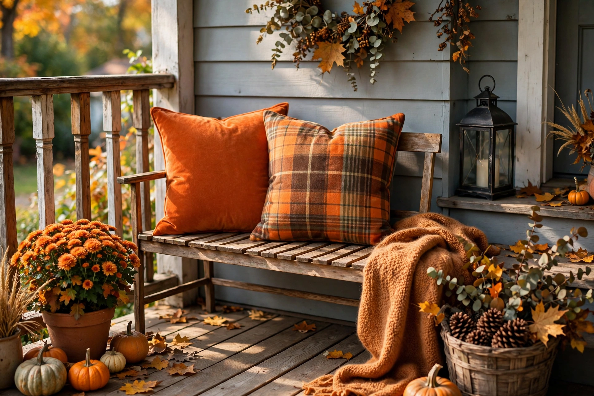Slim wooden bench with orange and plaid throw pillows on a small porch.