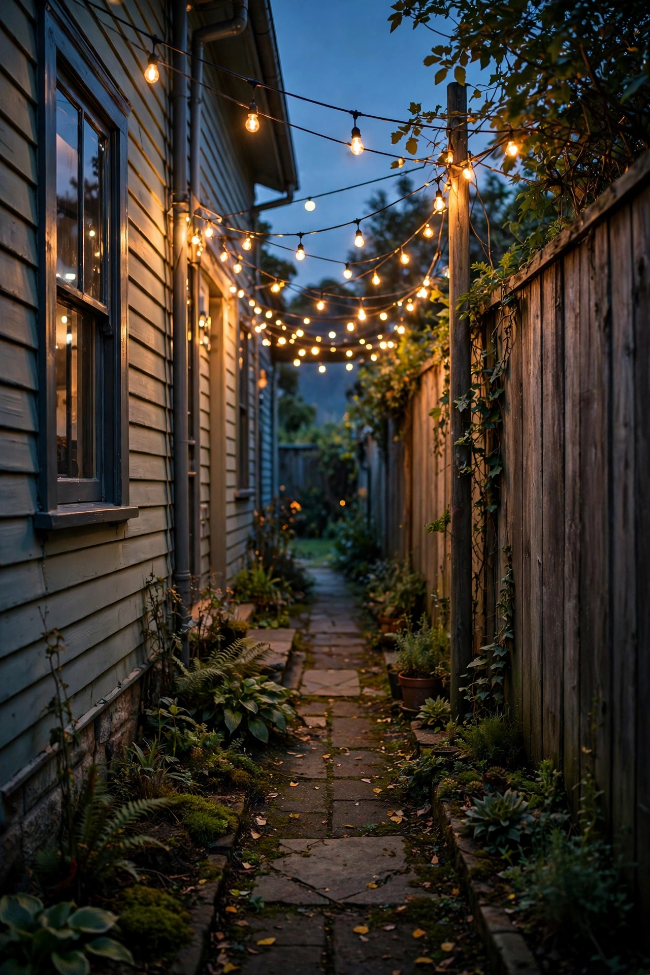 Narrow side yard passage with warm string lights draped overhead between house and fence at dusk, glowing ambiance.