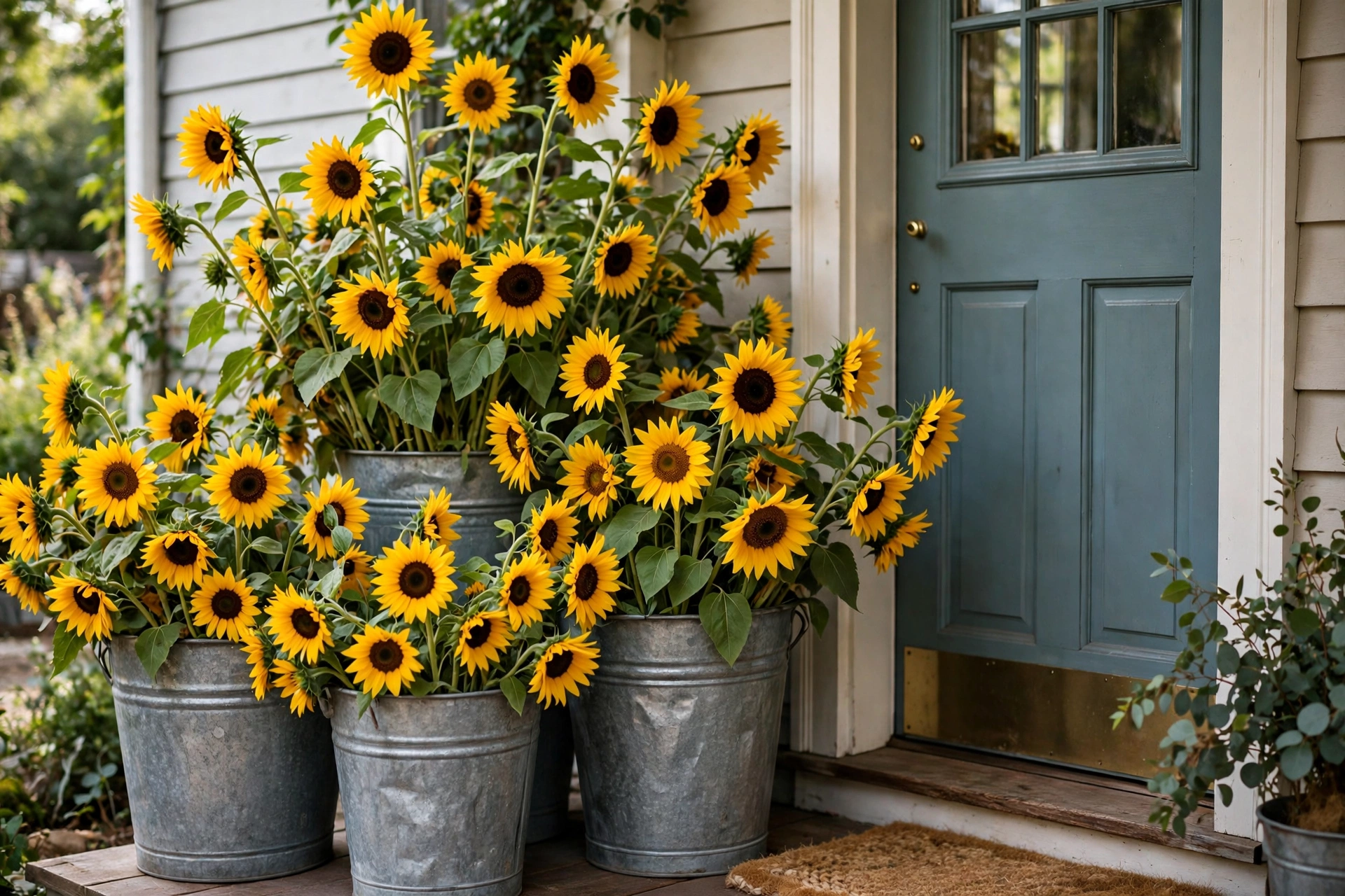 Galvanized buckets overflowing with tall yellow sunflowers by a front door.