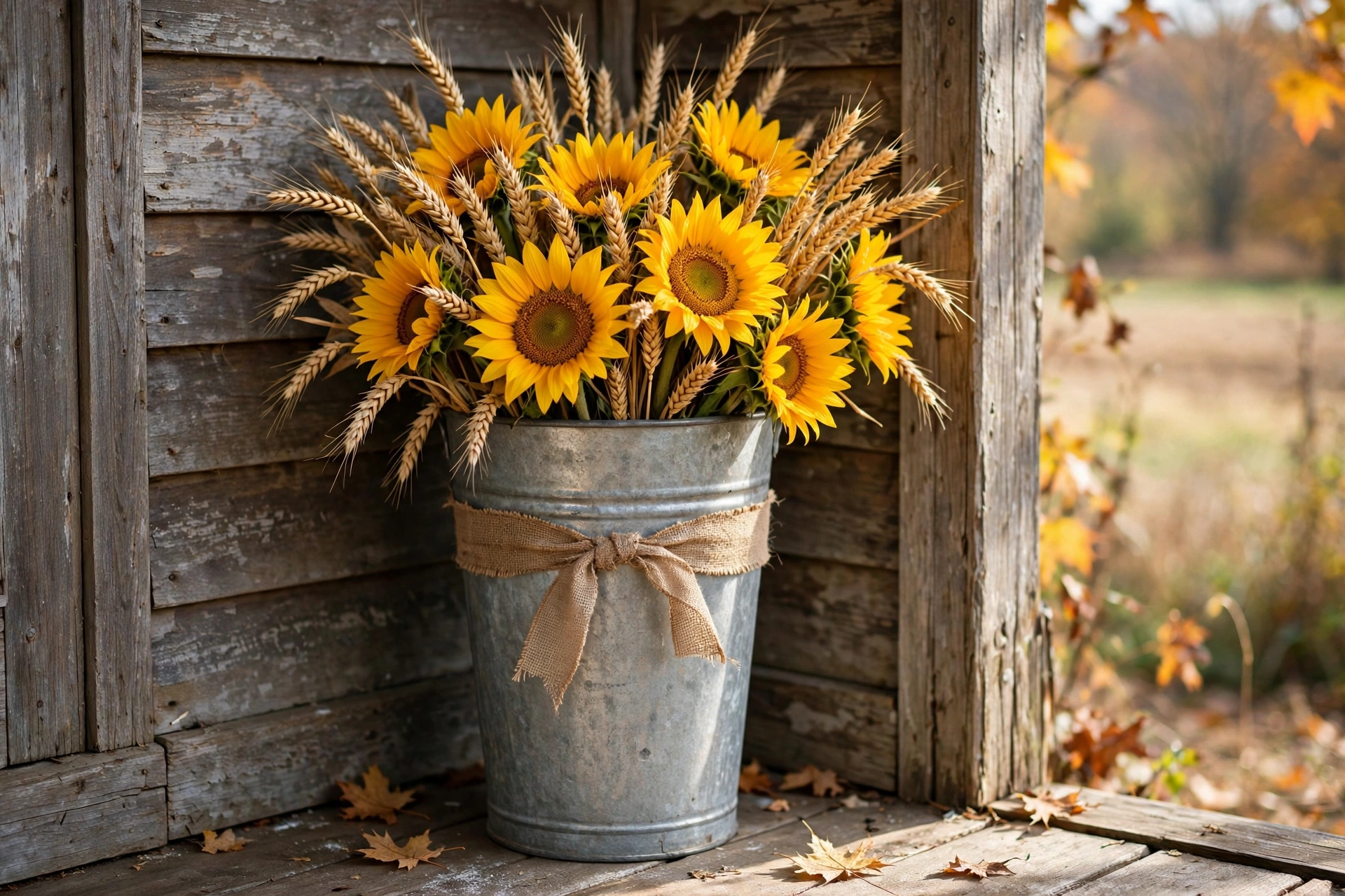Tall galvanized bucket with sunflowers and wheat stems on a farmhouse porch.