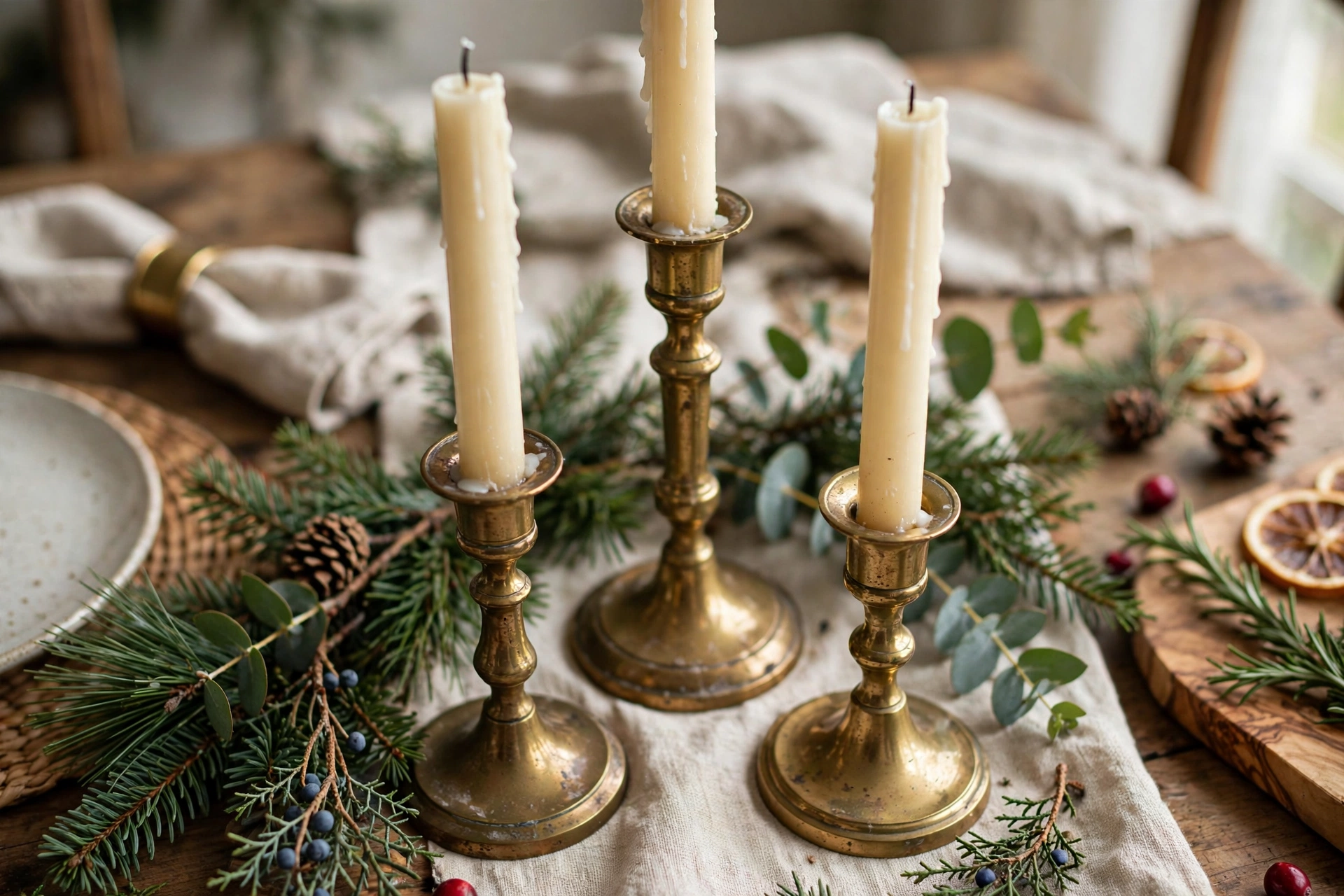 Vintage brass candlesticks with cream tapers and evergreen sprigs on a holiday table.