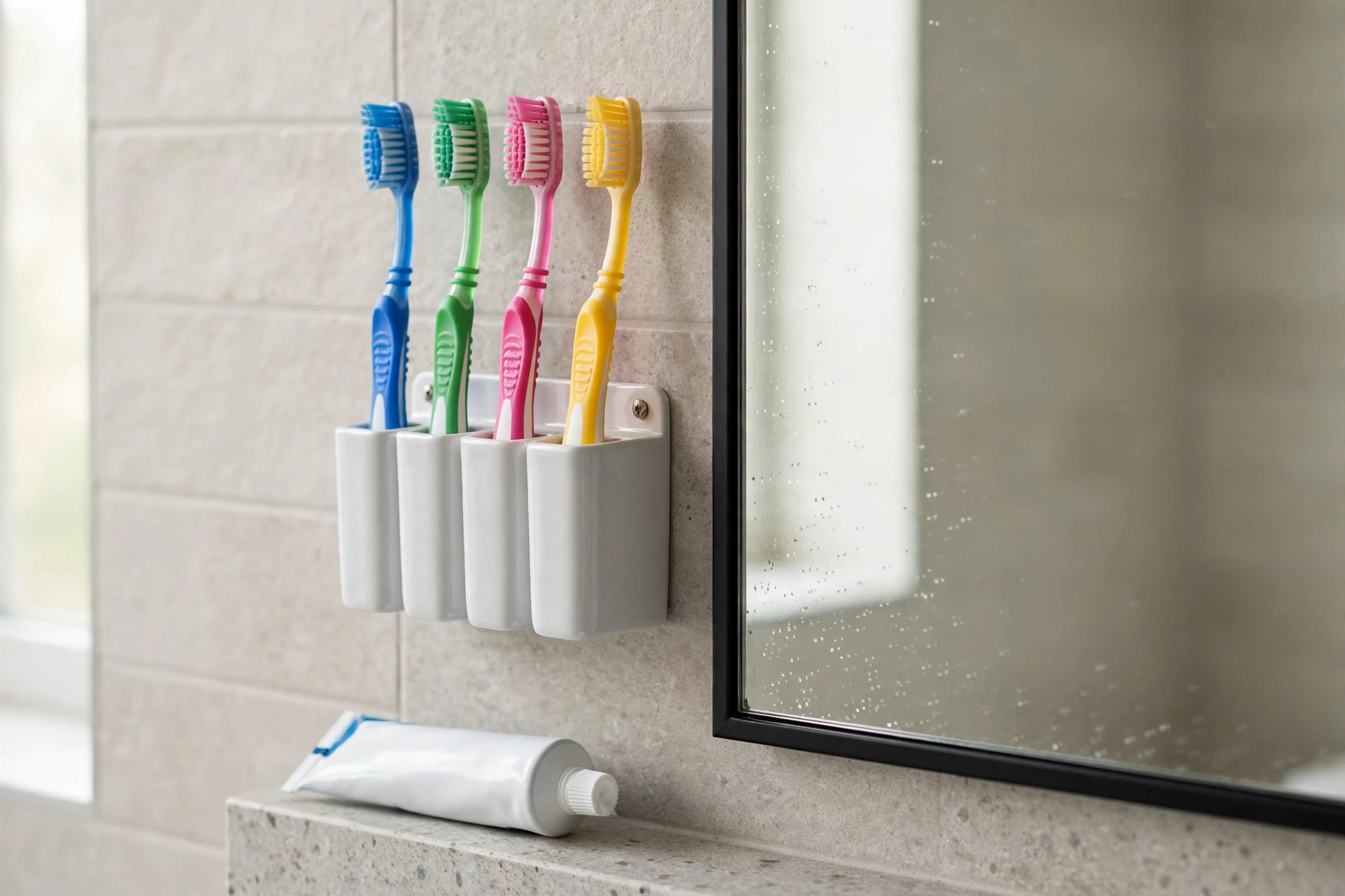 A wall-mounted toothbrush holder beside a bathroom mirror holding four toothbrushes and toothpaste, realistic photo, no text