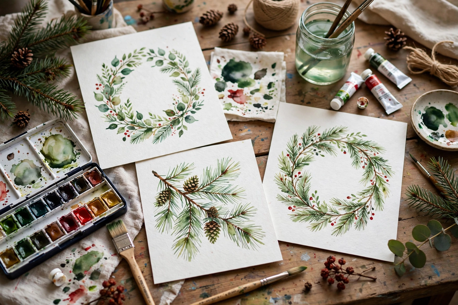 Hand-painted watercolor Christmas cards with wreath and pine motifs on a craft table with brushes.