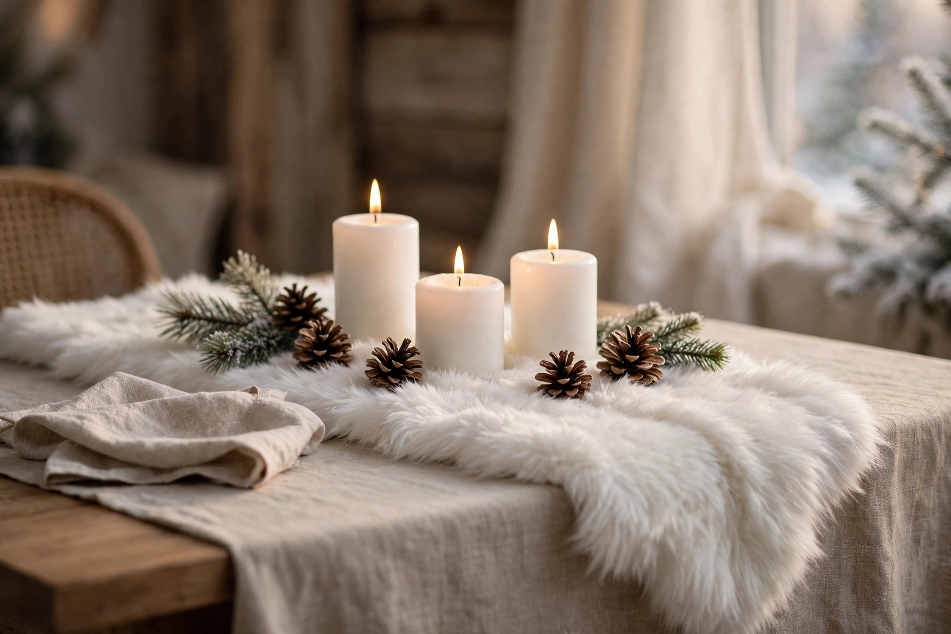 White faux fur table runner with candles on a winter dining table