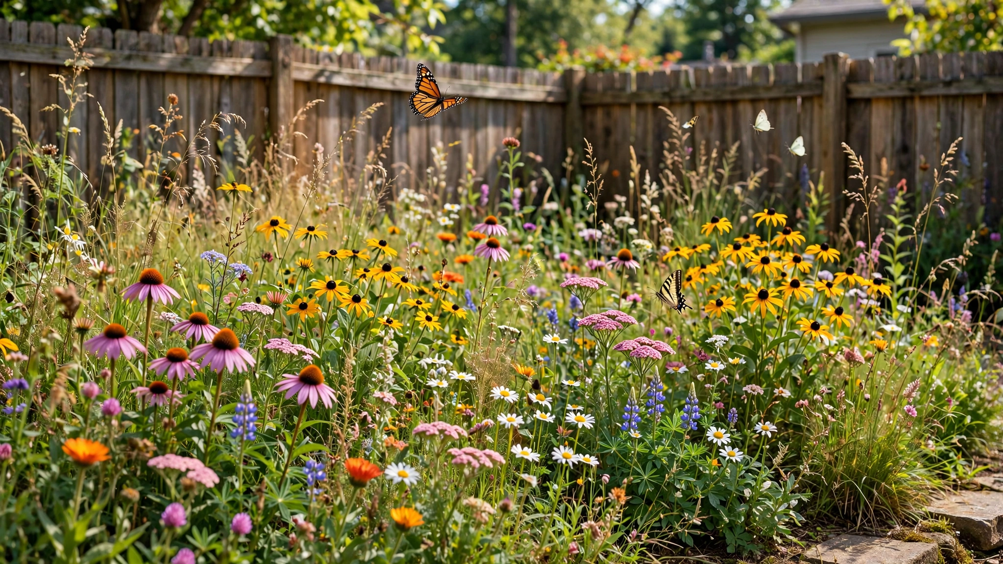 A vibrant wildflower meadow patch with colorful blooms and butterflies in a sunny backyard corner
