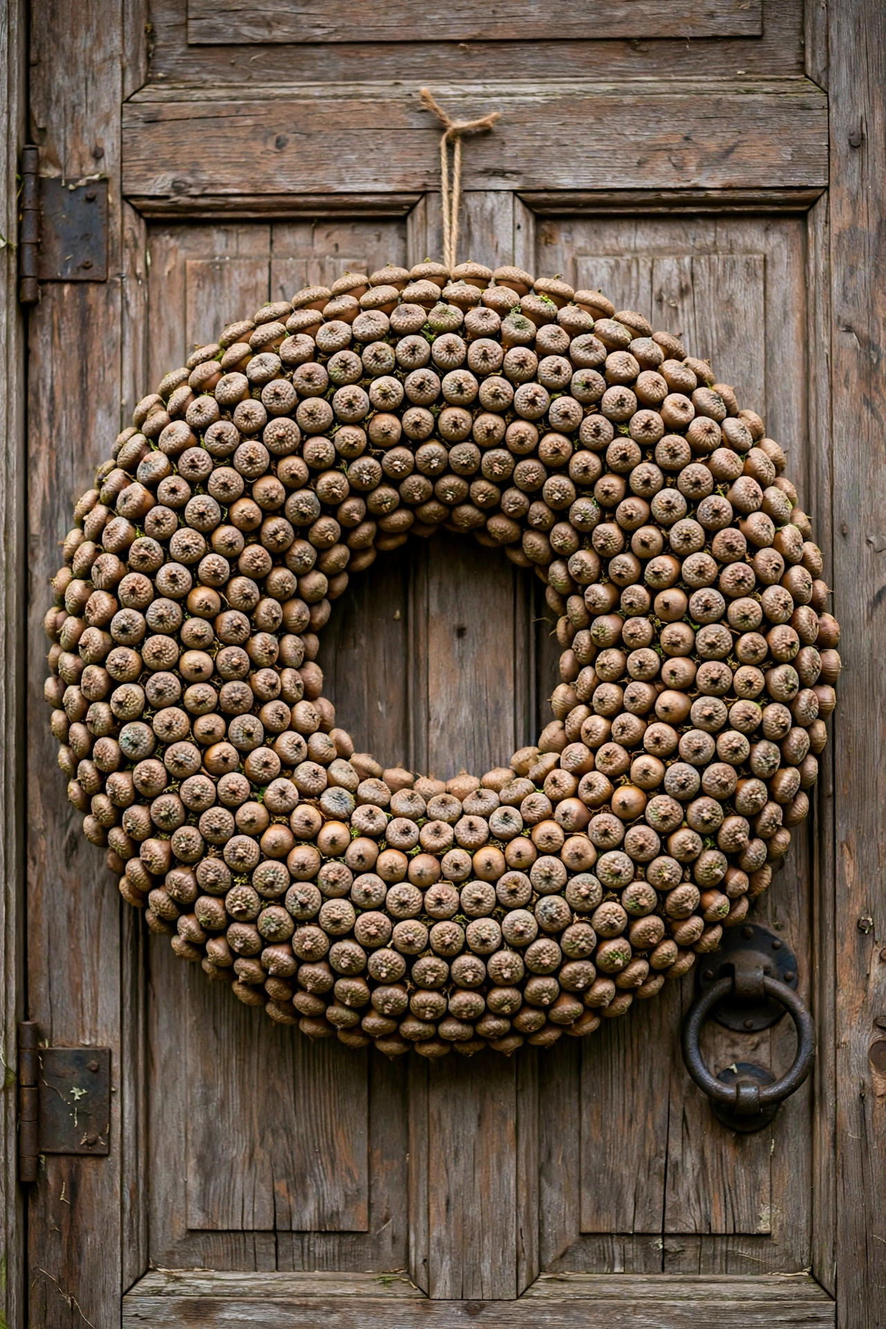 Intricate wreath made of hundreds of acorn caps in concentric rings on a wooden door.