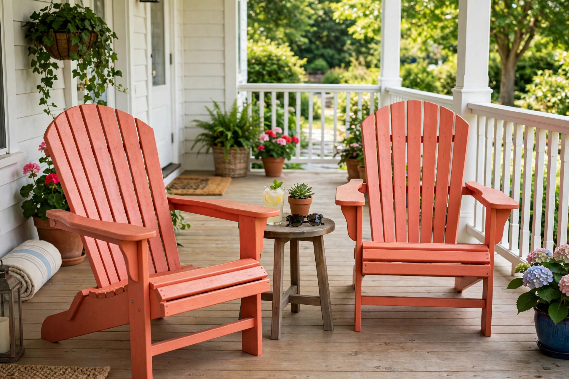 Two coral Adirondack chairs with a small side table on a summer front porch.