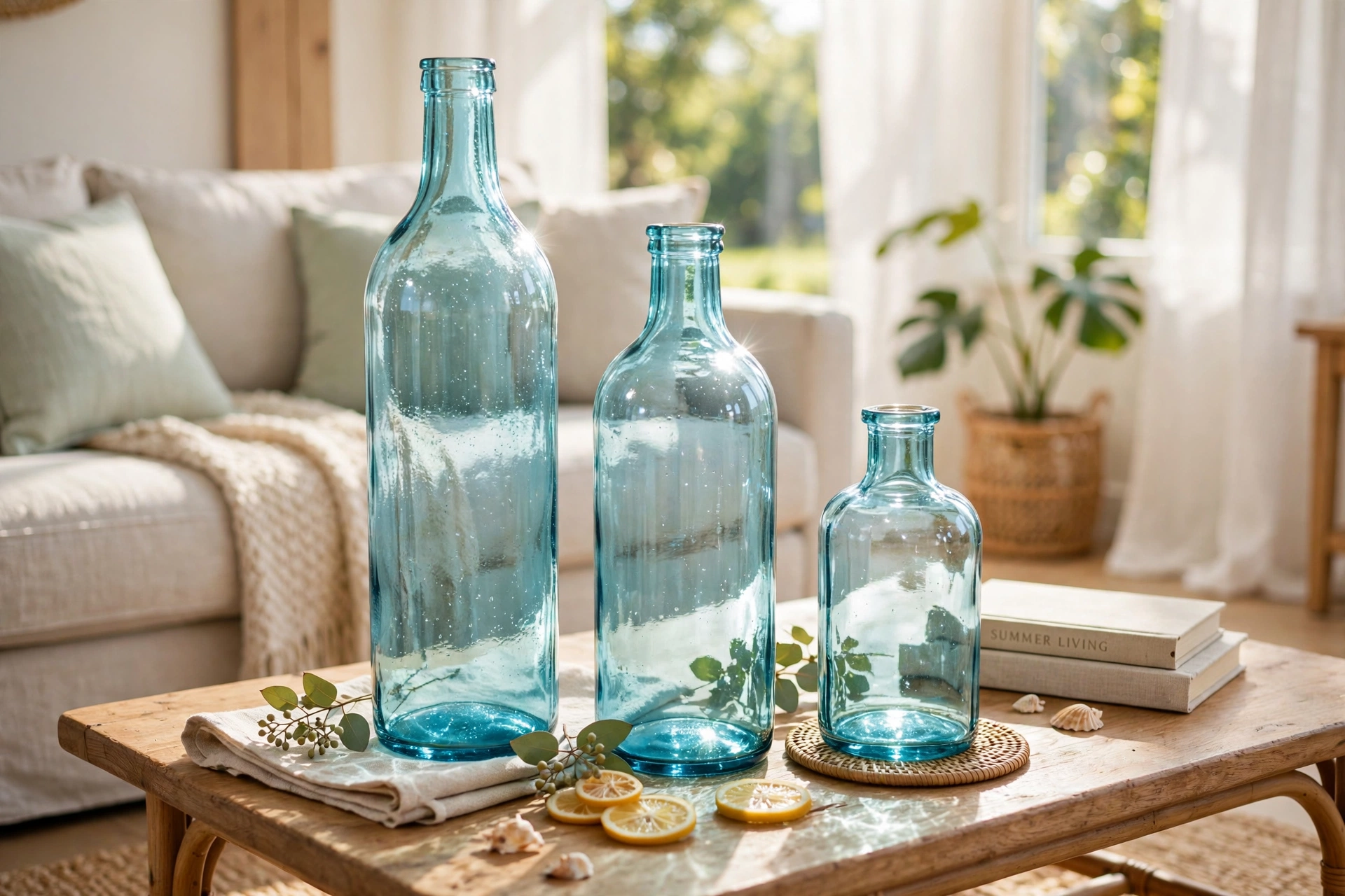 Three aqua blue glass bottles of graduated heights on a coffee table catching sunlight in a bright living room.