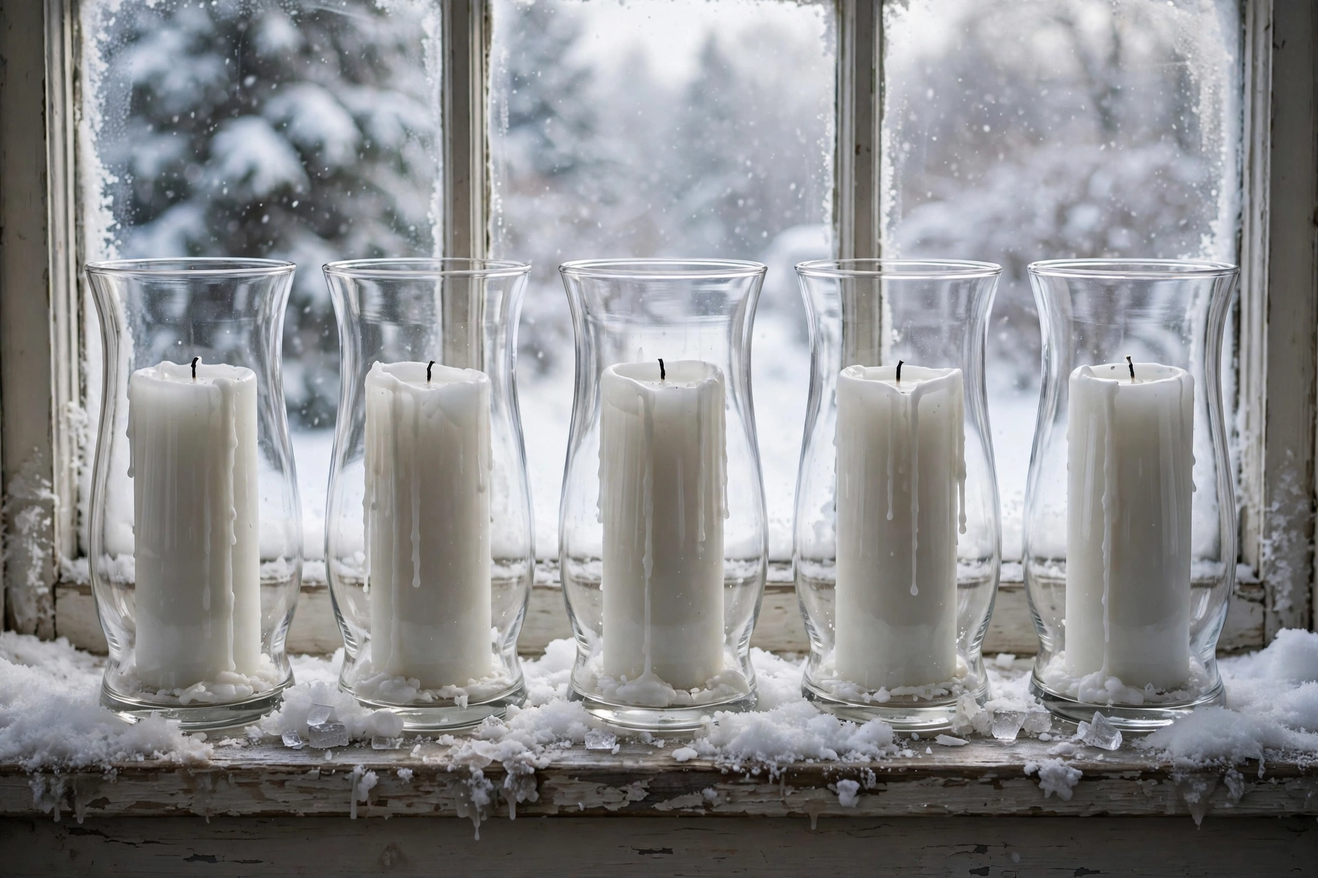 Row of white pillar candles in glass hurricanes on a snowy windowsill.