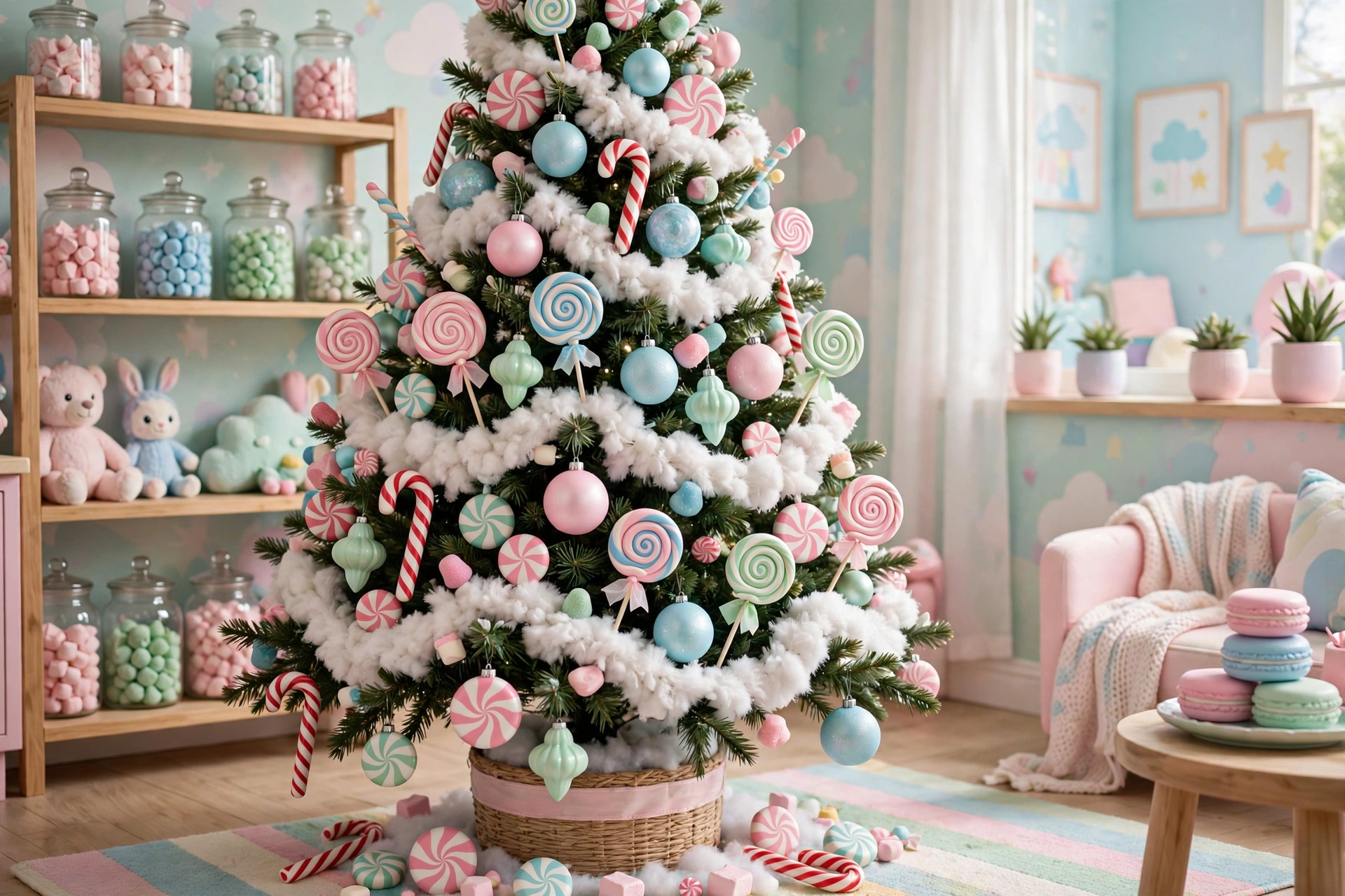 pastel candy land Christmas tree with pink blue mint ornaments, candy canes, and lollipops