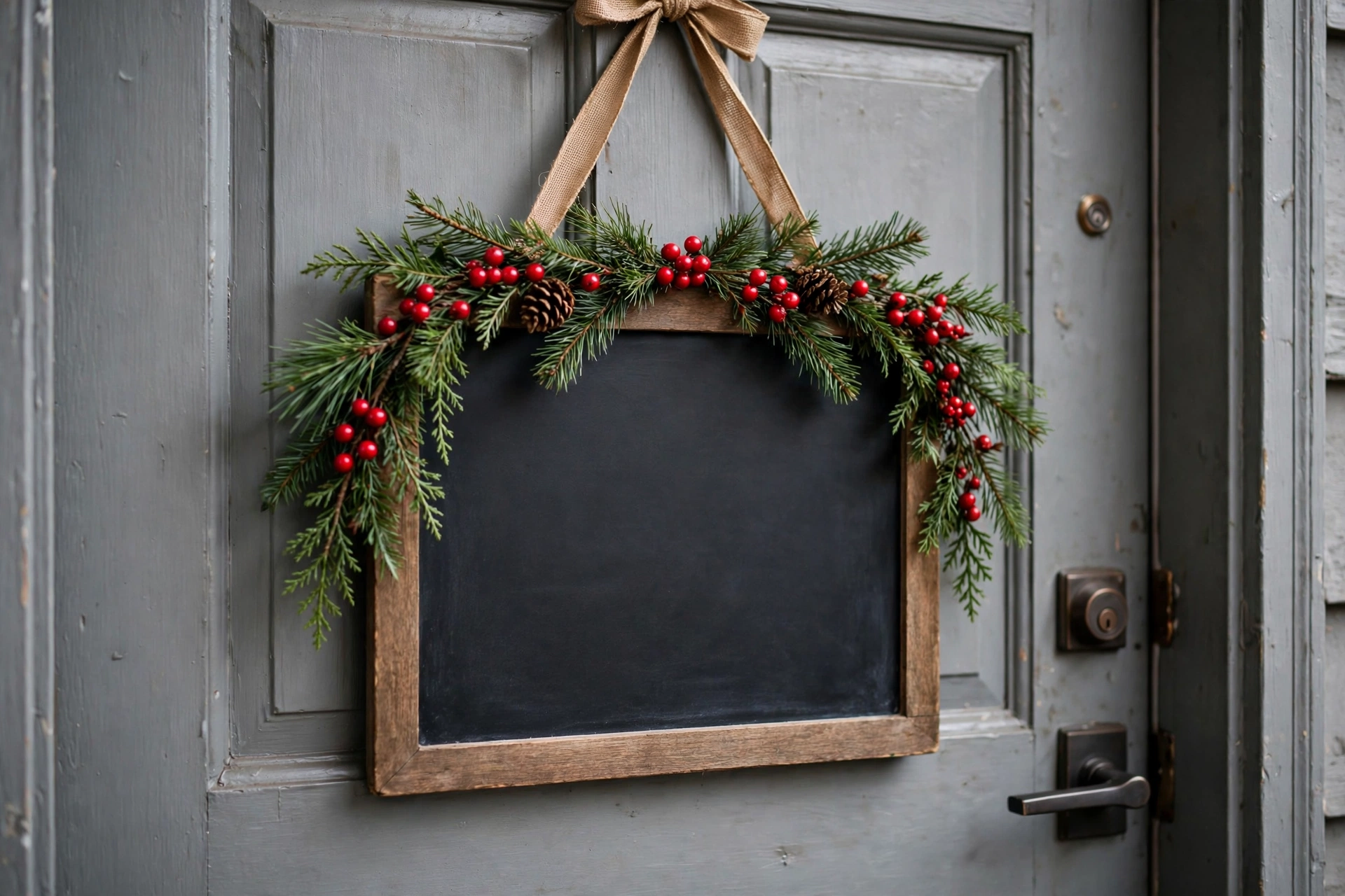 Dark chalkboard door sign framed with fresh pine garland and red berries, hanging by ribbon on a gray apartment door.