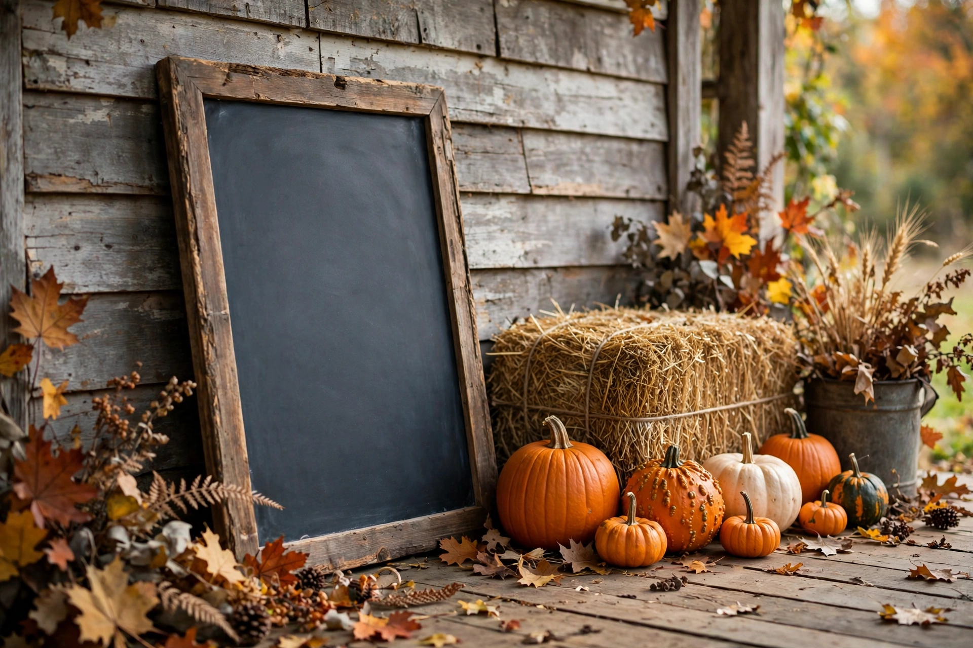 Framed chalkboard sign with a fall greeting propped on a farmhouse porch.