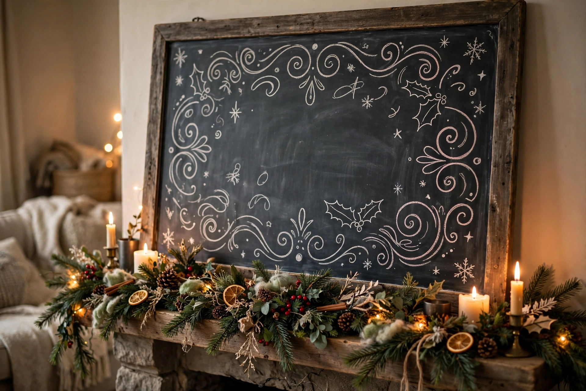 Large chalkboard sign with hand-lettered holiday message leaning on a mantel with pine boughs.