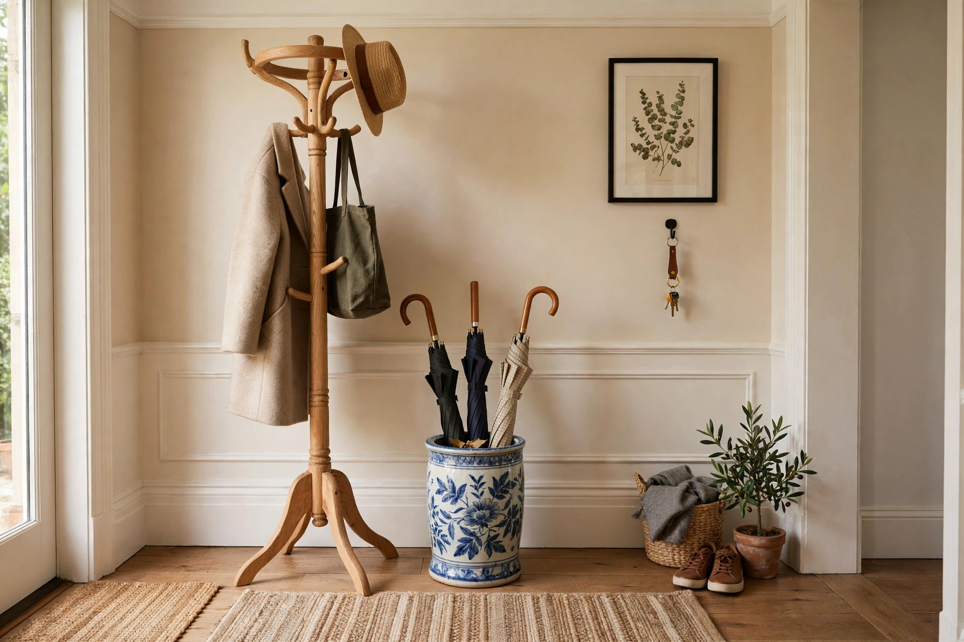 Coat rack with umbrella stand — drop zone idea