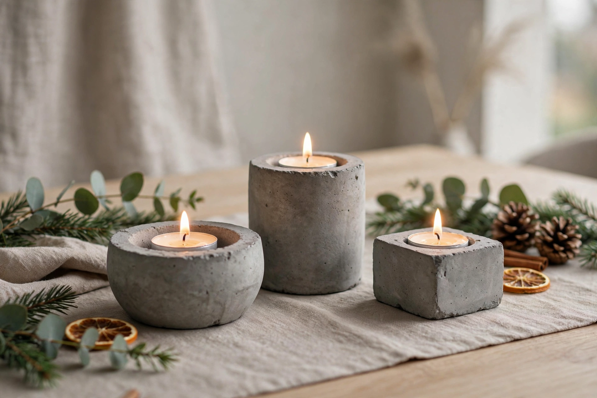 Handmade concrete tea light holders with lit candles on a holiday table setting.