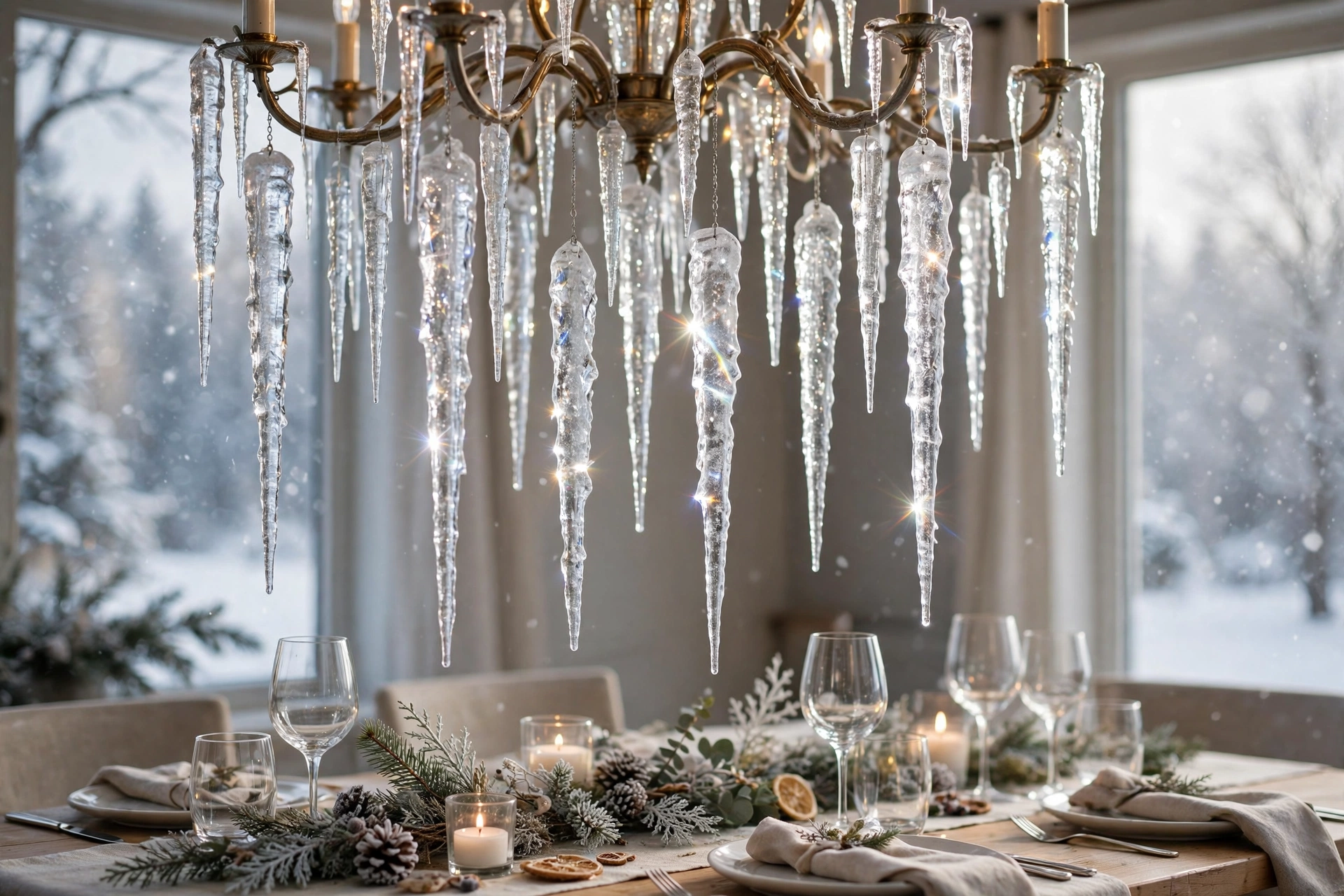 Crystal icicle ornaments hanging above a winter dining table