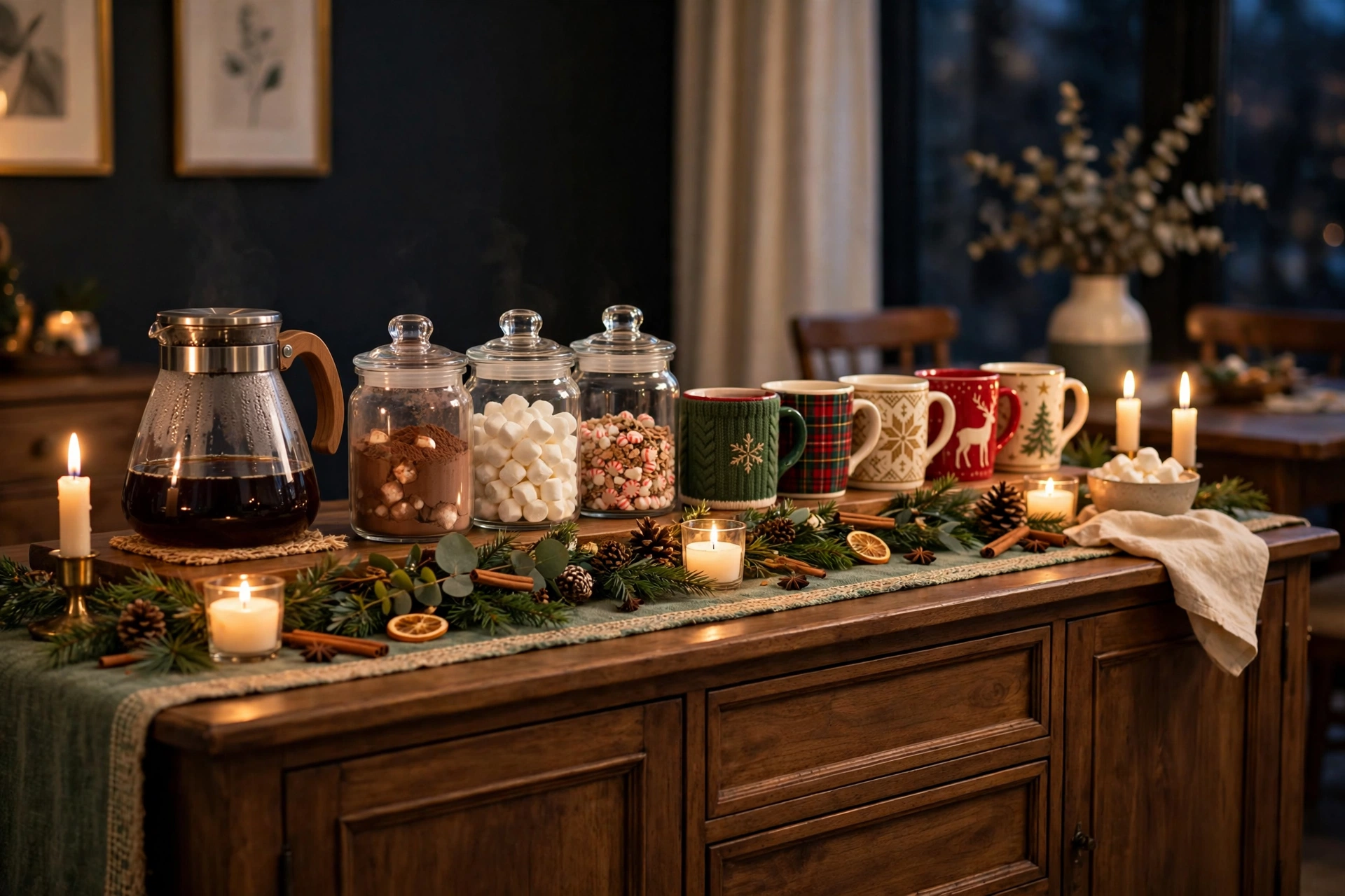 Dining room sideboard set up as holiday coffee and cocoa bar