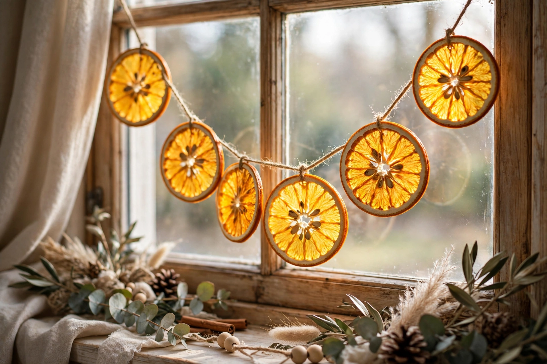 A dried orange slice garland strung on twine hanging in a bright window with soft daylight.
