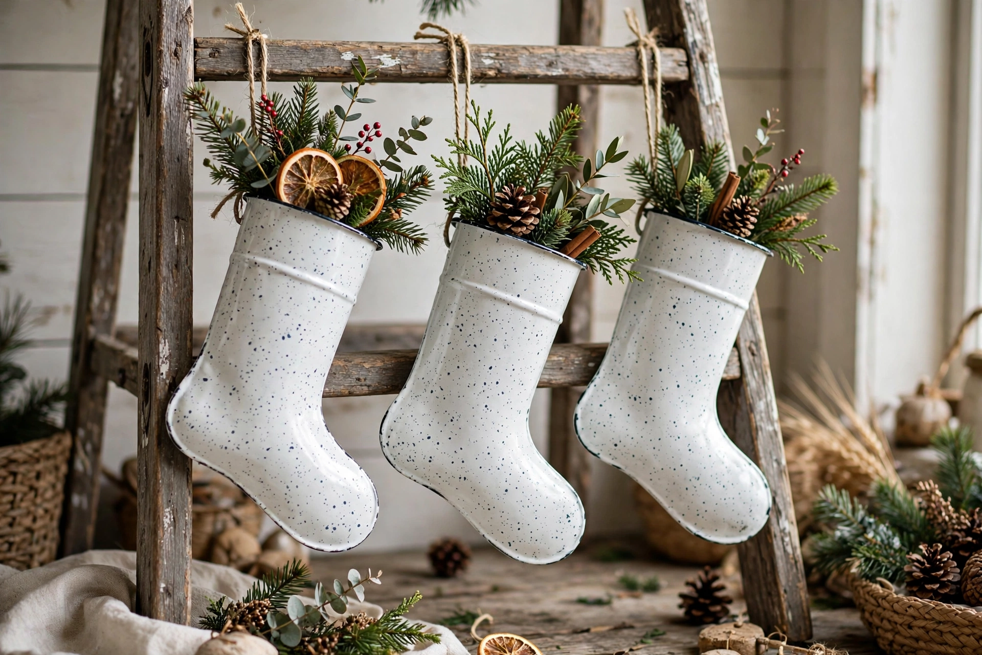 White speckled enamelware stockings hung with twine on a rustic wooden ladder with greenery.