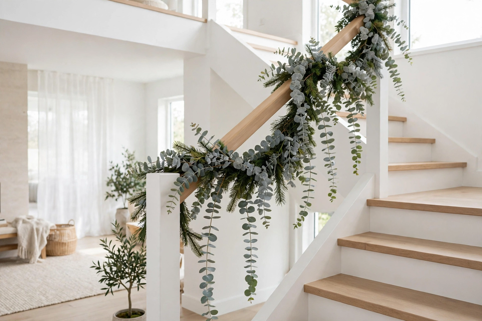 Mixed eucalyptus and pine garland with silvery leaves draped on a staircase banister.