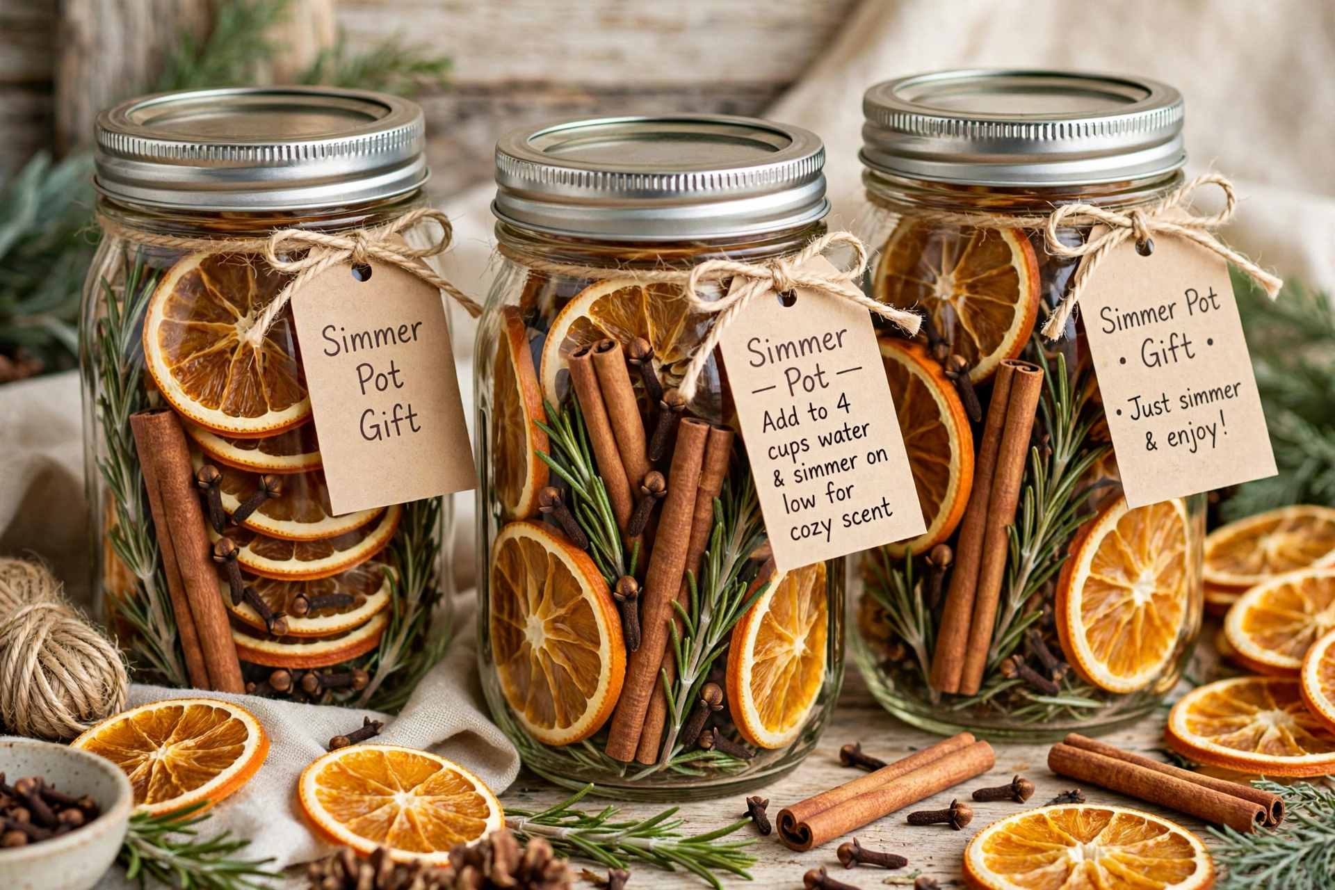 Mason jars filled with dried oranges, cinnamon sticks, cloves and rosemary as simmer pot gifts.