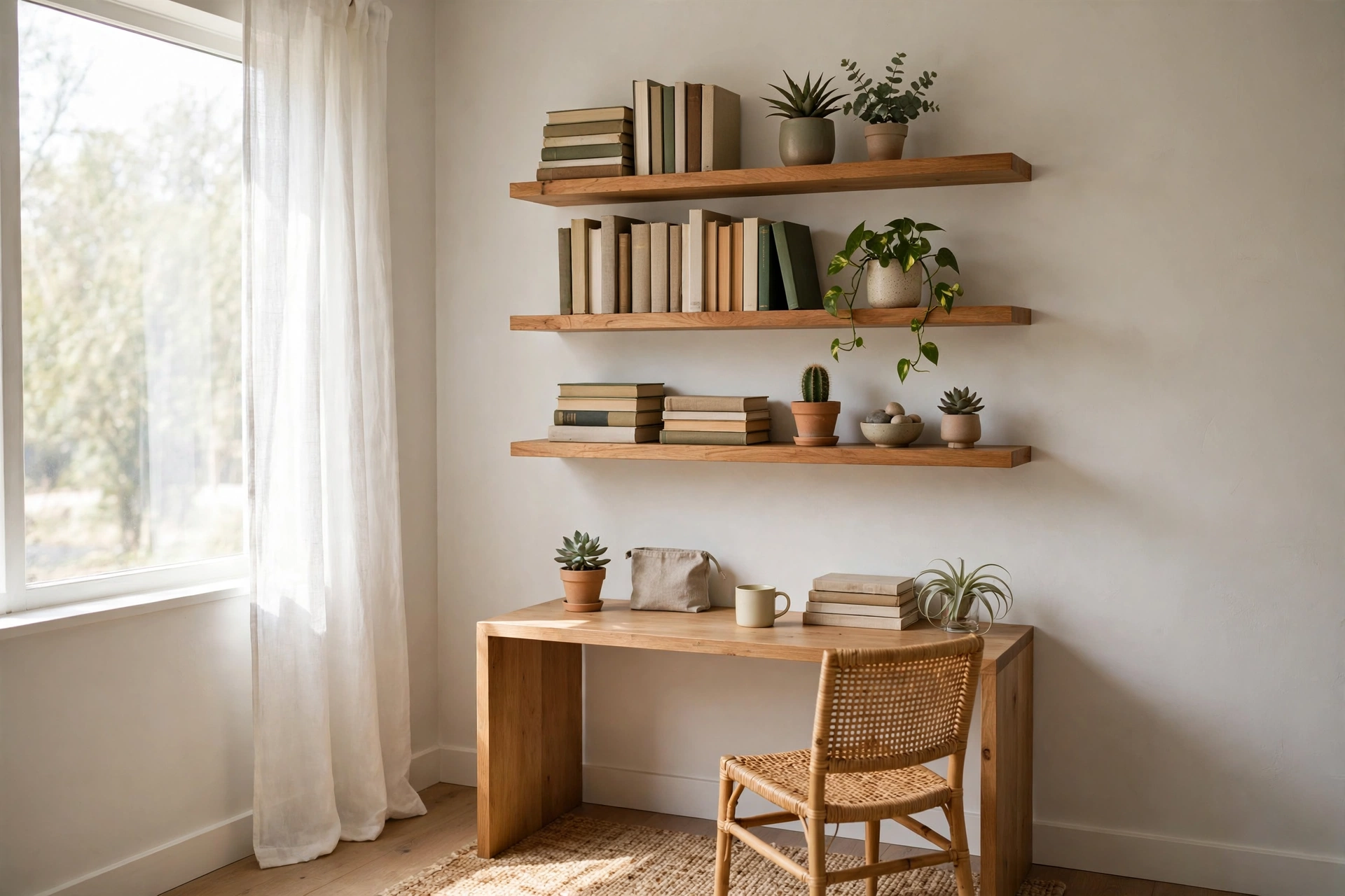 Wooden floating shelves above a small desk in a studio apartment holding books and small plants