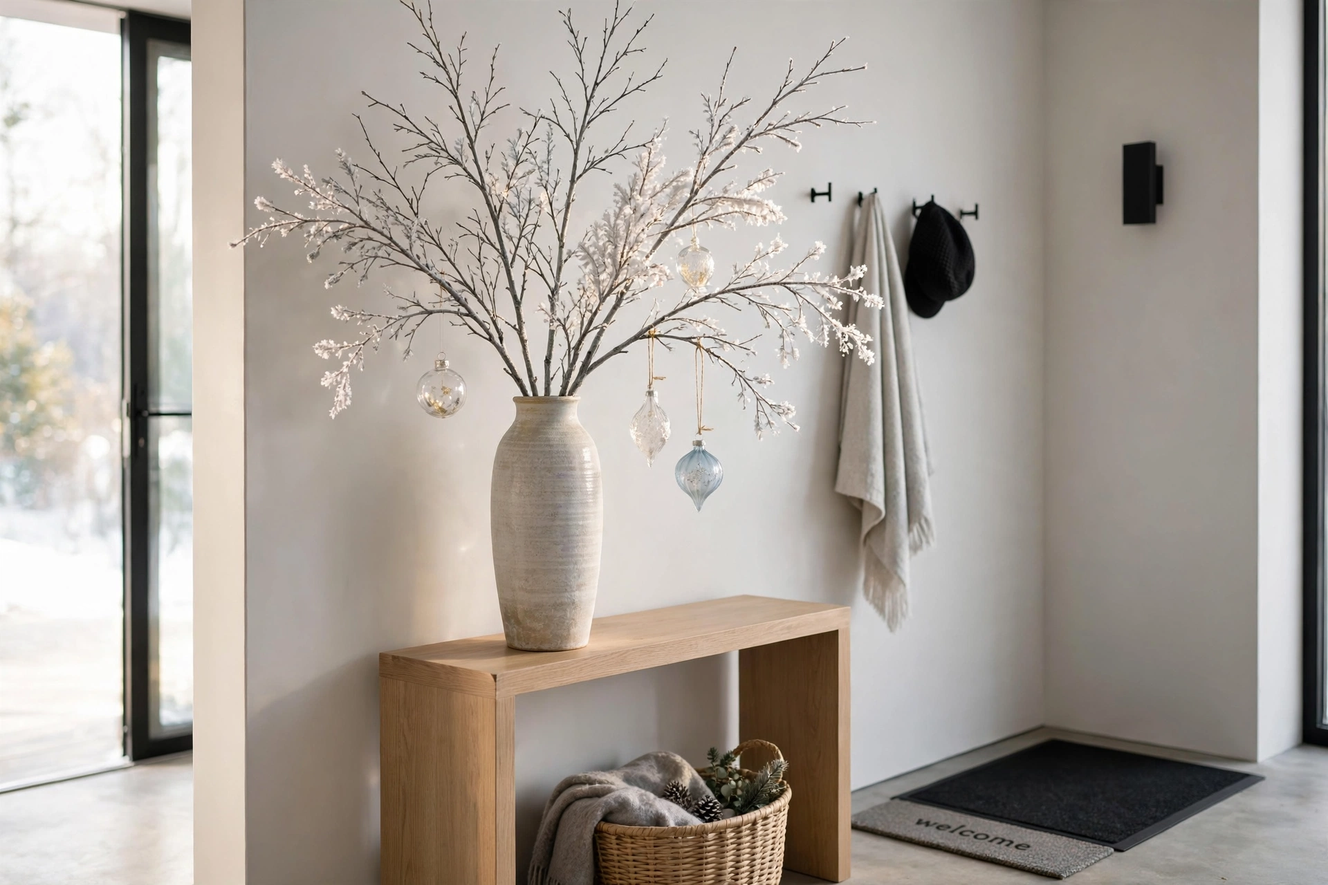 Tall vase with frosted branches in a modern Christmas entryway