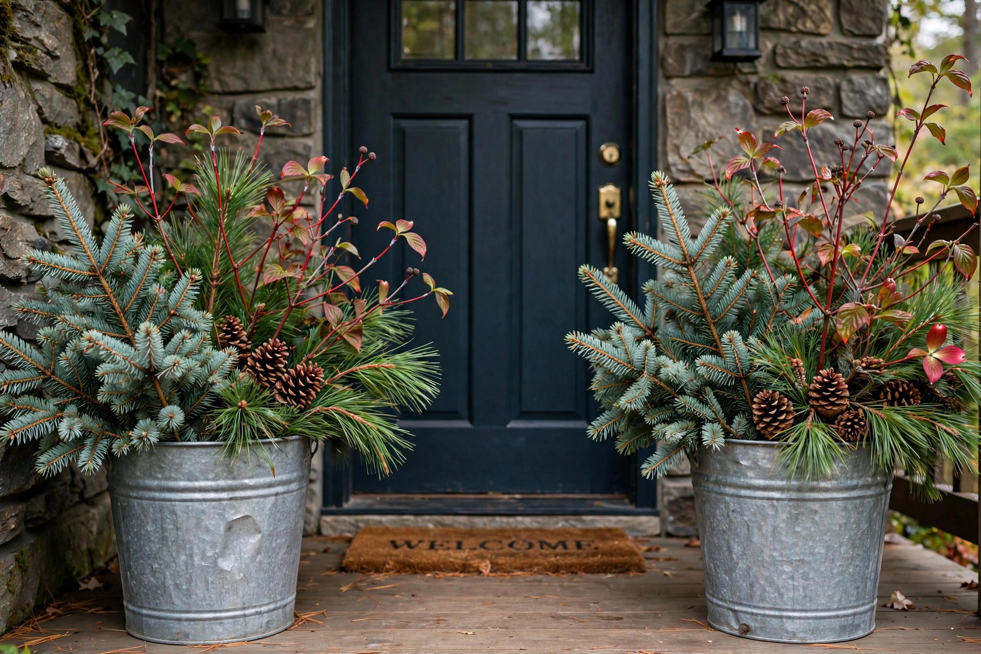 Galvanized buckets with spruce, pine and red dogwood stems flanking a door.