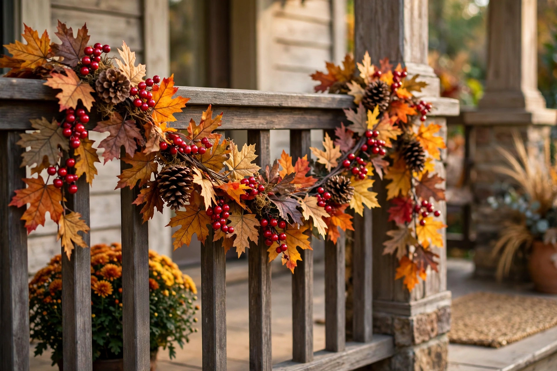 Fall leaf garland draped across a porch railing with berries.