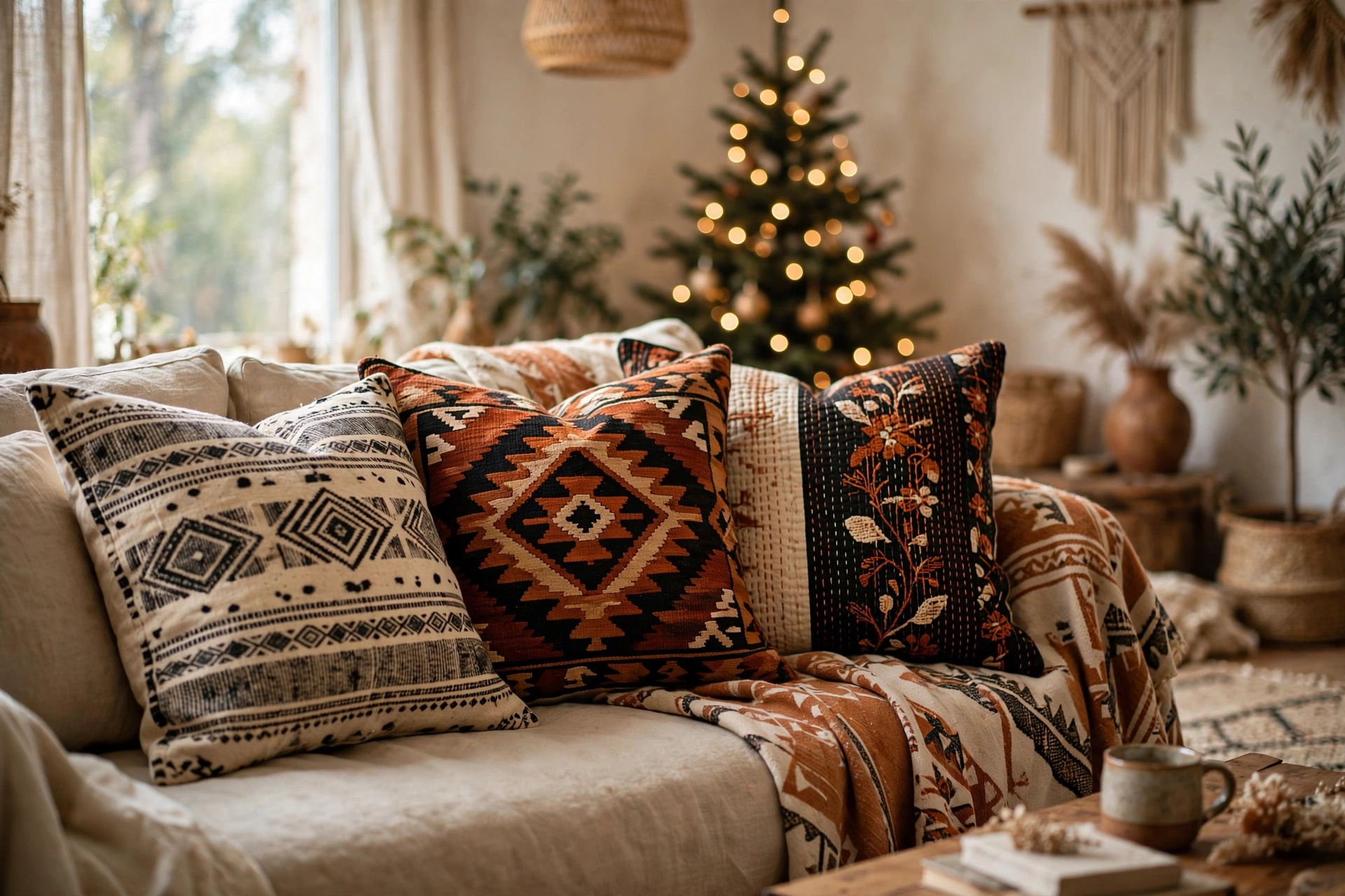 A cozy sofa layered with mudcloth, kilim, and kantha patterned throw pillows