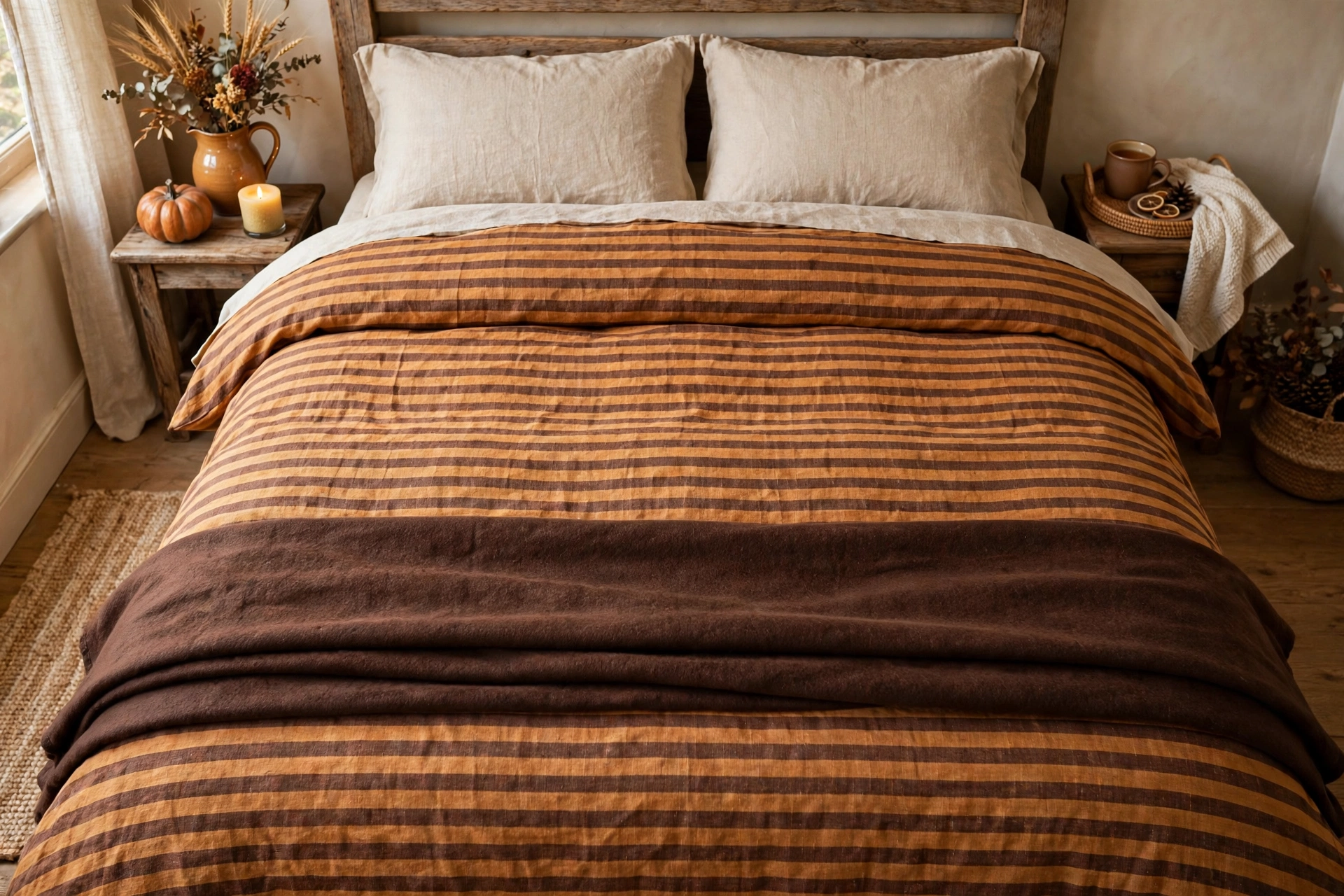Harvest striped duvet in rust gold and brown with solid chocolate blanket folded at foot.
