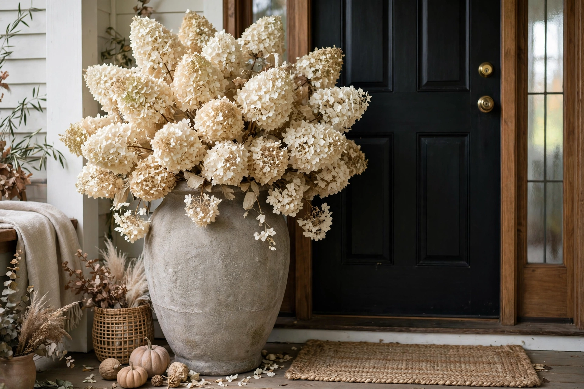 Large urn overflowing with ivory dried hydrangea blooms beside a front door.