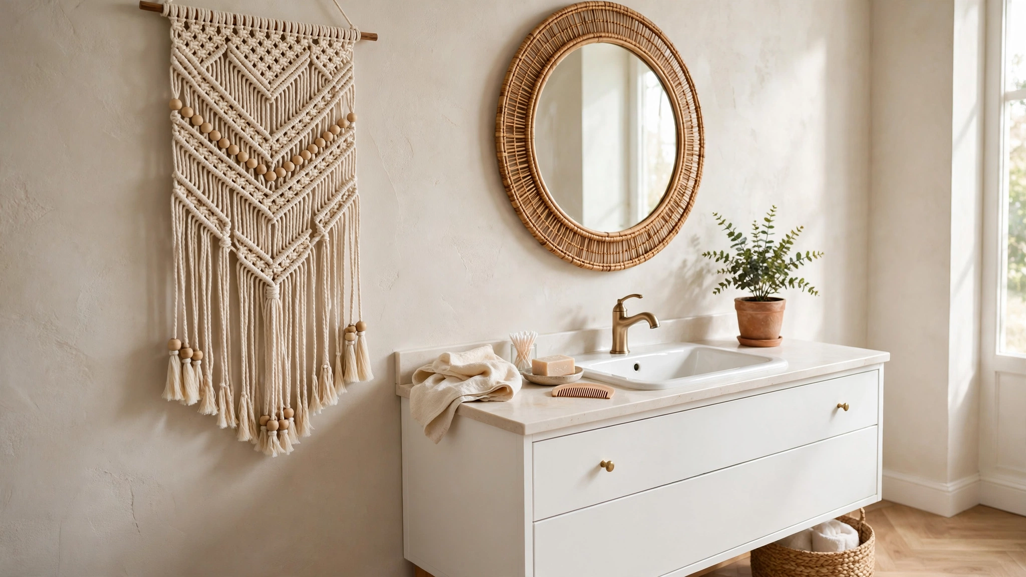 Cream macrame wall hanging with wooden beads on a light bathroom wall beside a mirror