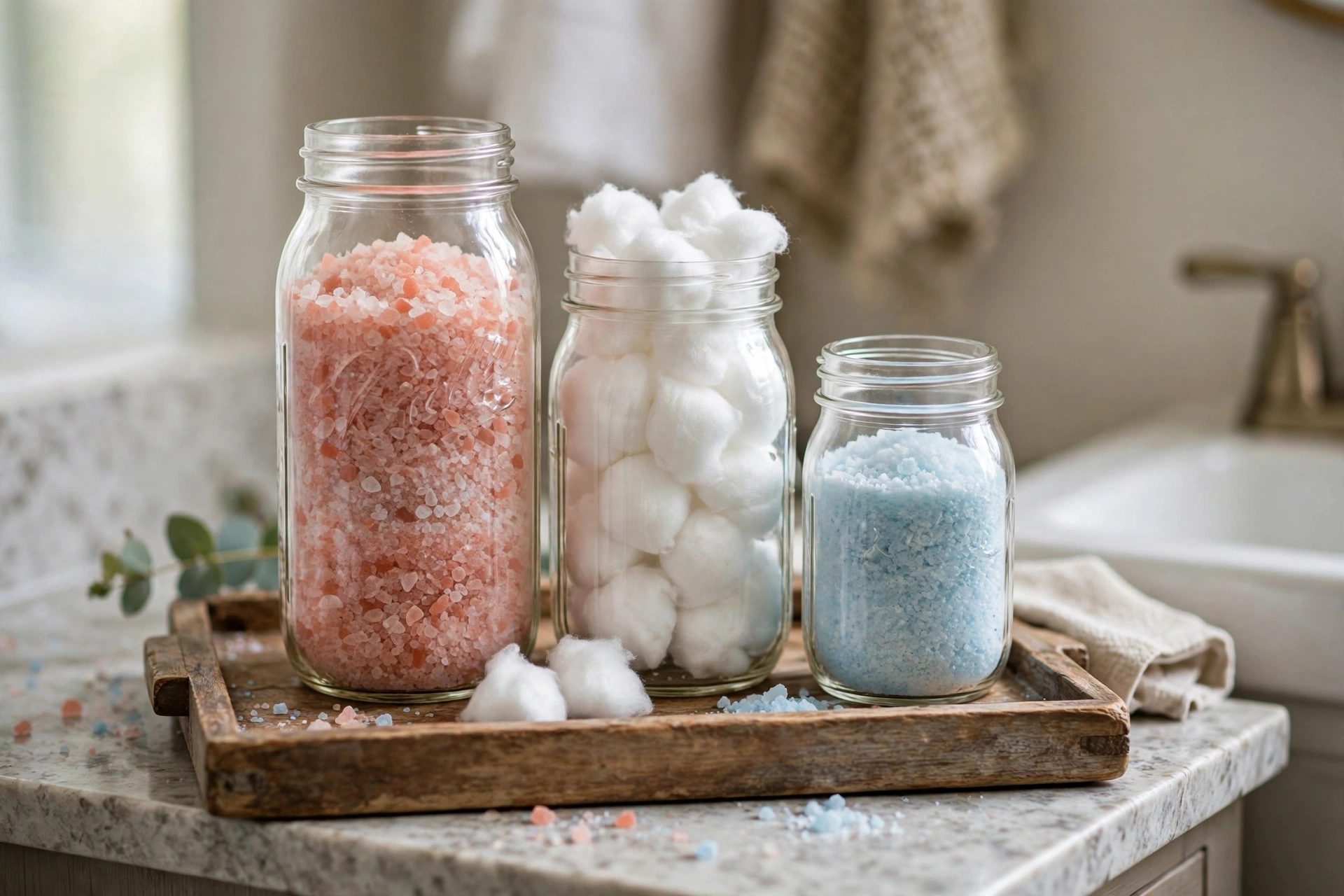Three mason jars of different heights on a wooden tray on a small bathroom counter holding cotton balls and bath salts, realistic photo, no text