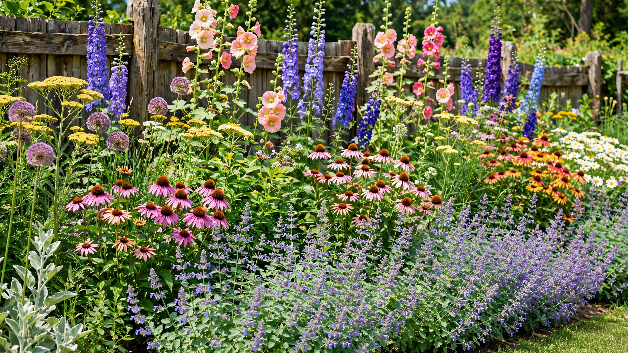 A layered mixed perennial border with colorful flowers blooming along a wooden fence.