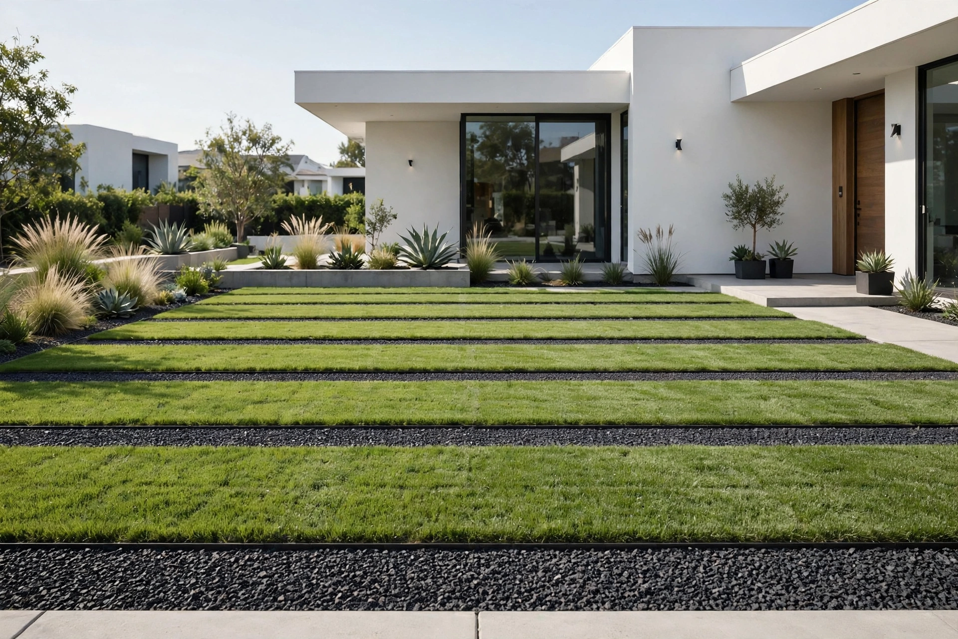 Modern minimalist front yard with wide lawn bands separated by dark gravel strips.