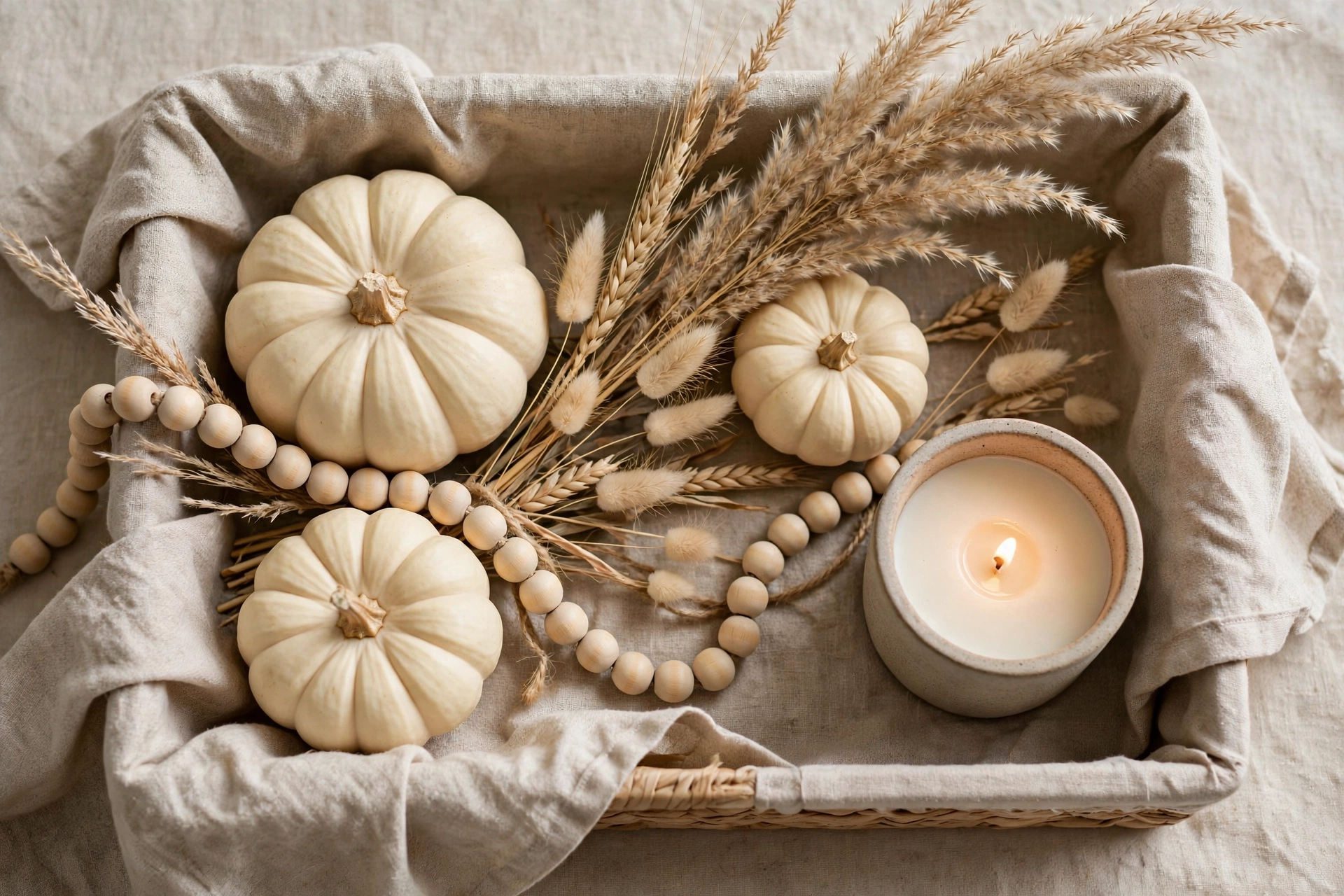 Beige linen-lined tray with cream pumpkins, dried grasses, wooden beads, and a stoneware candle.