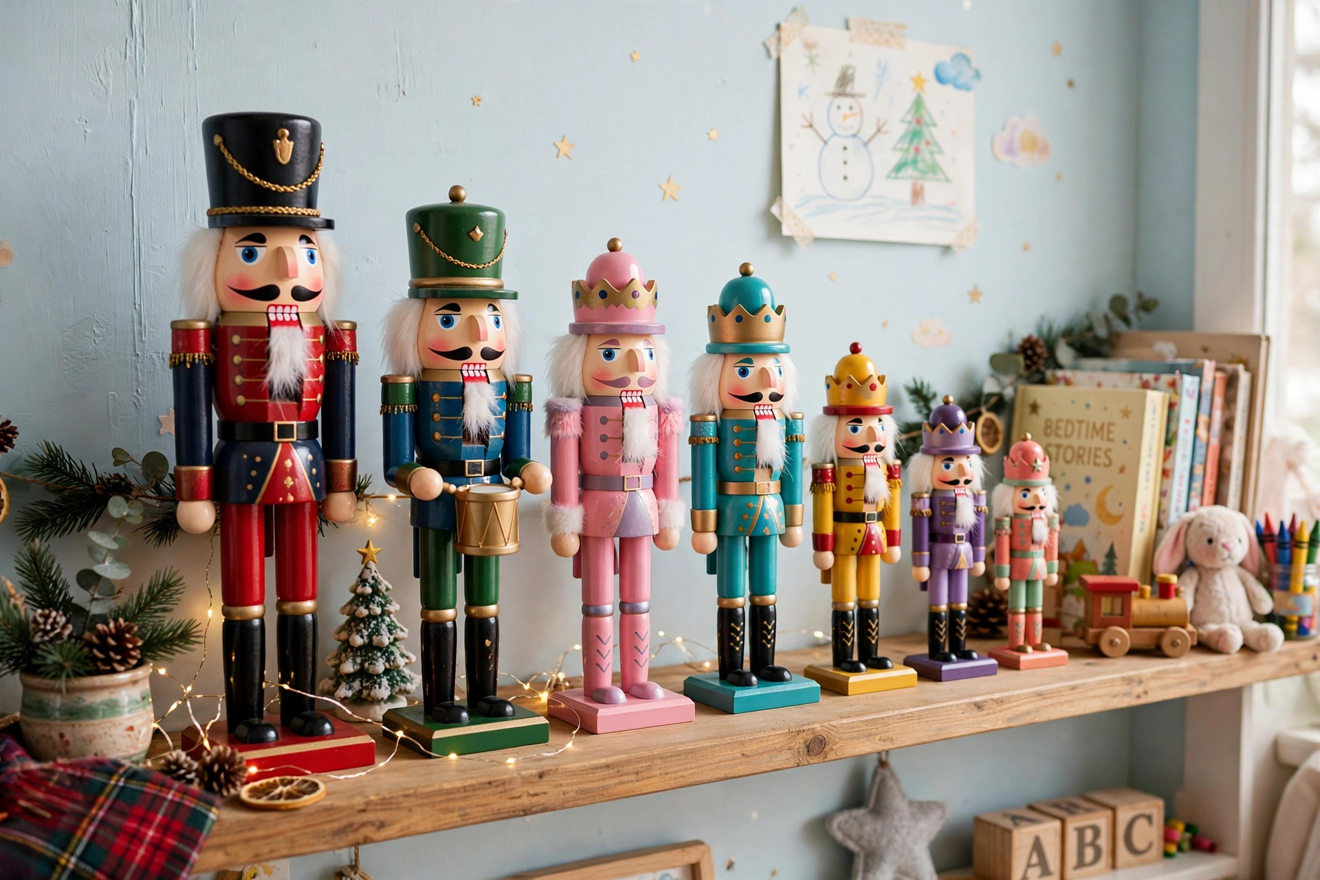 Nutcracker shelf display — Christmas bedroom idea for kids