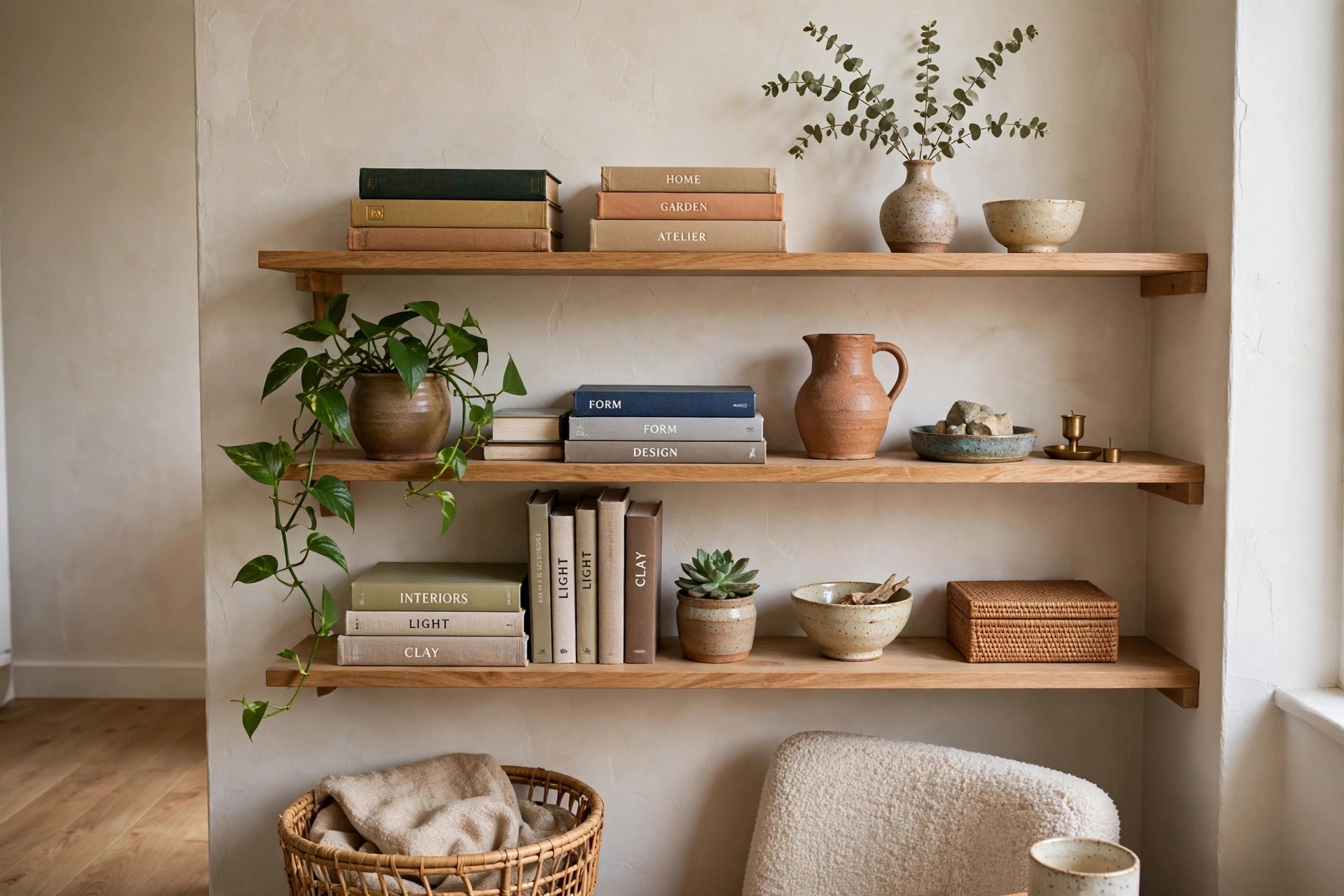 Curated open shelving wall with books, plants and ceramics in a small apartment.