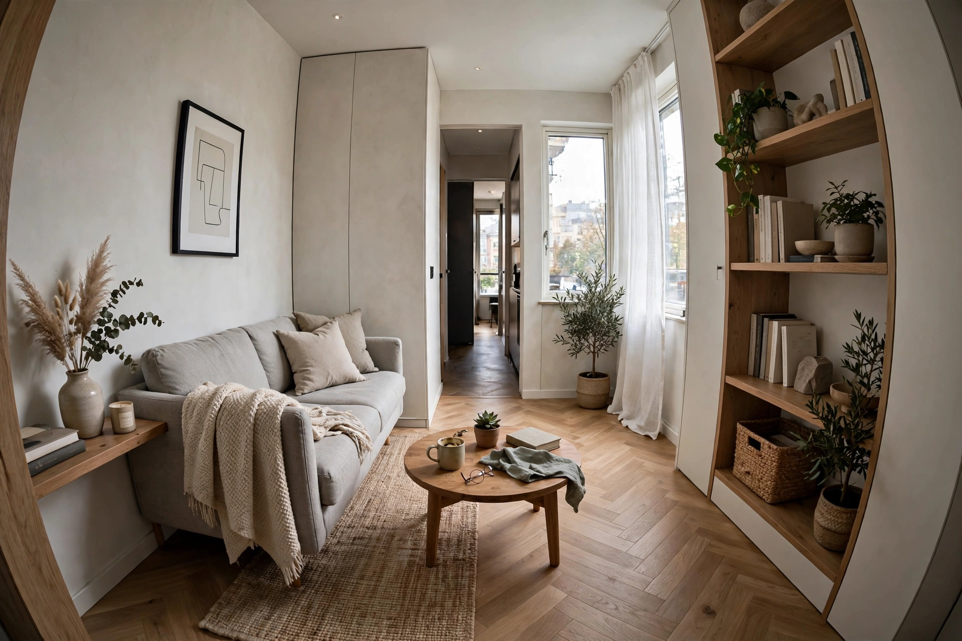 Round coffee table — narrow living room idea