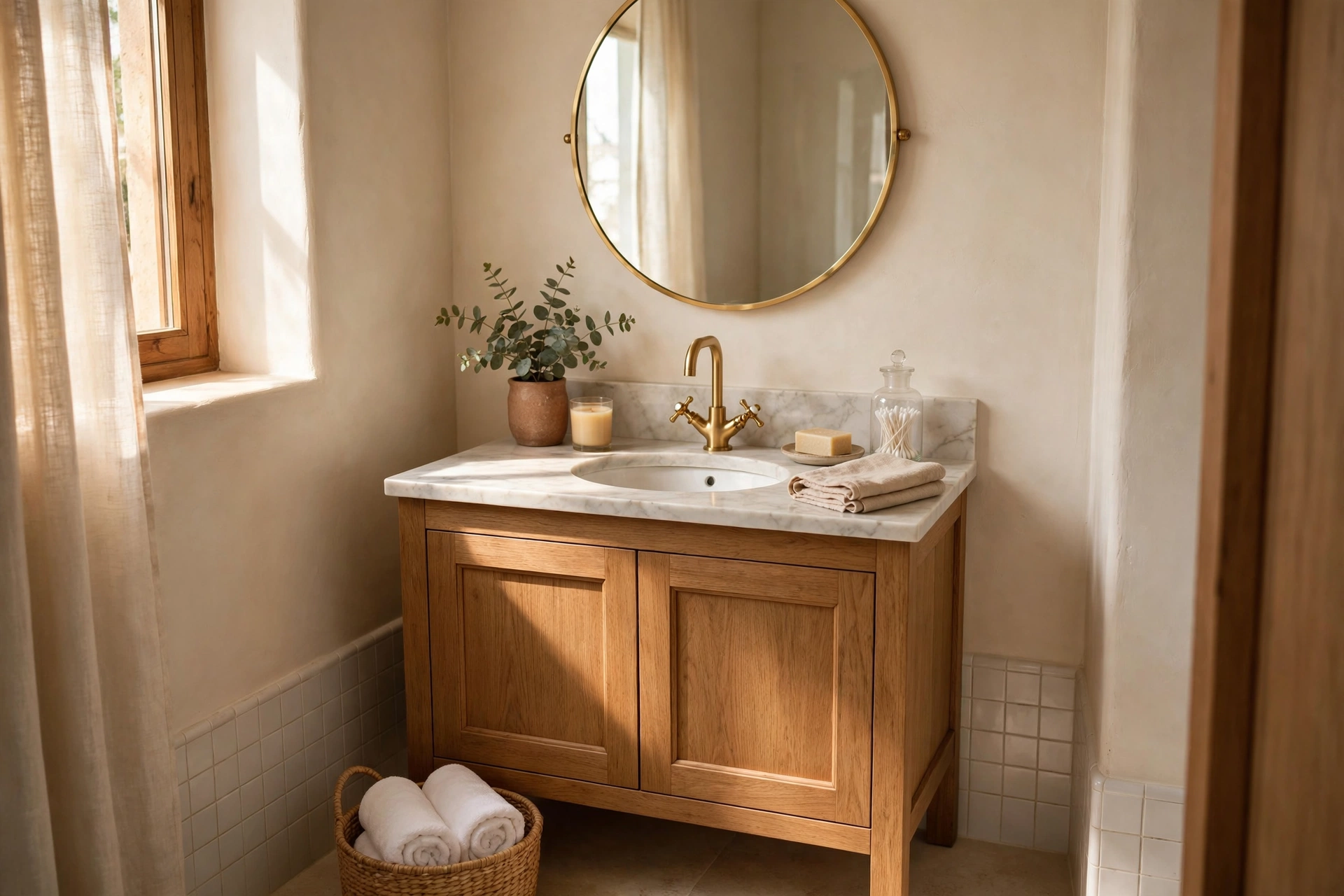 Round mirror in a small bathroom — small bathroom decor idea