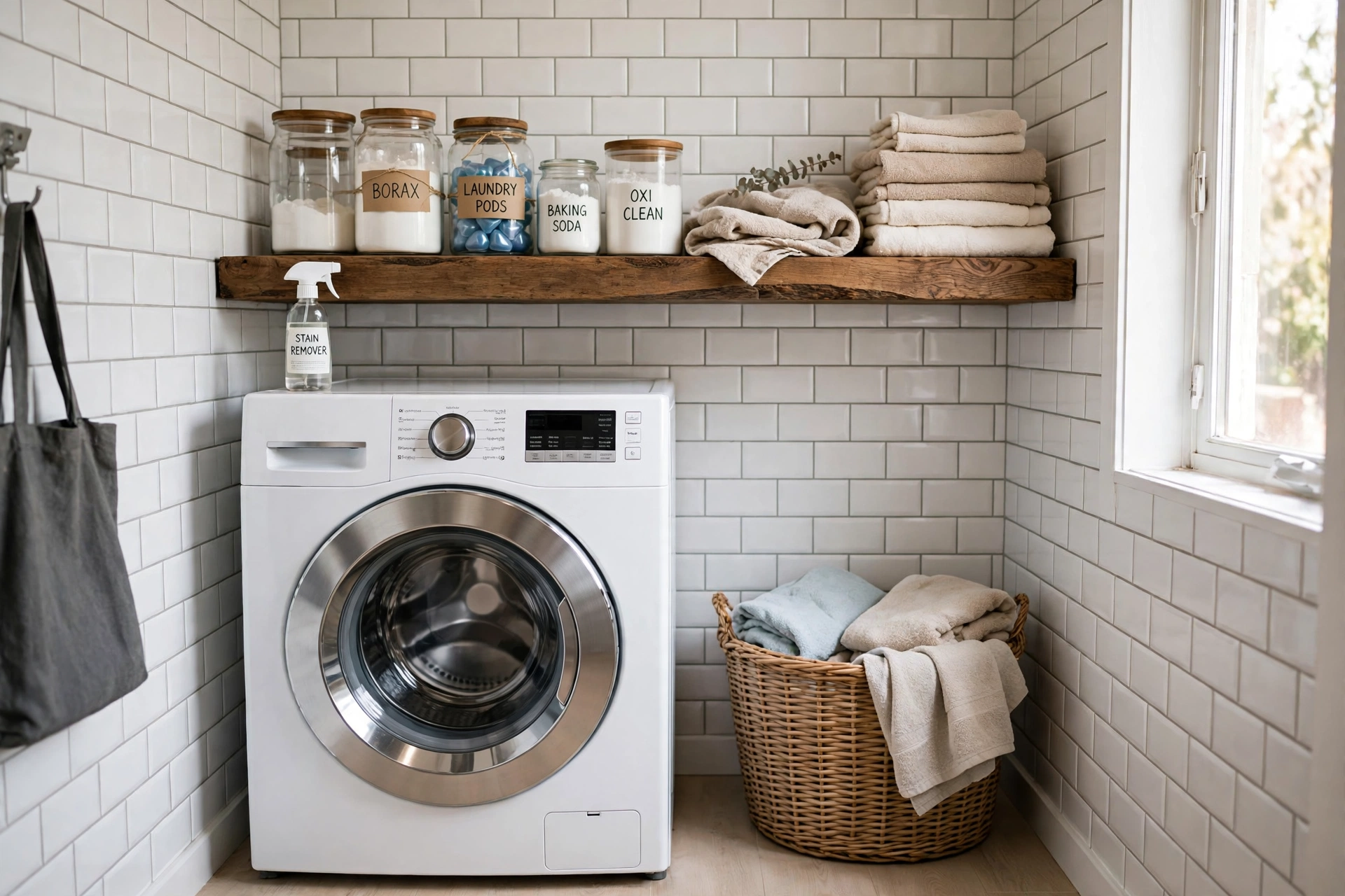 Shelf over the washer — small narrow laundry room idea