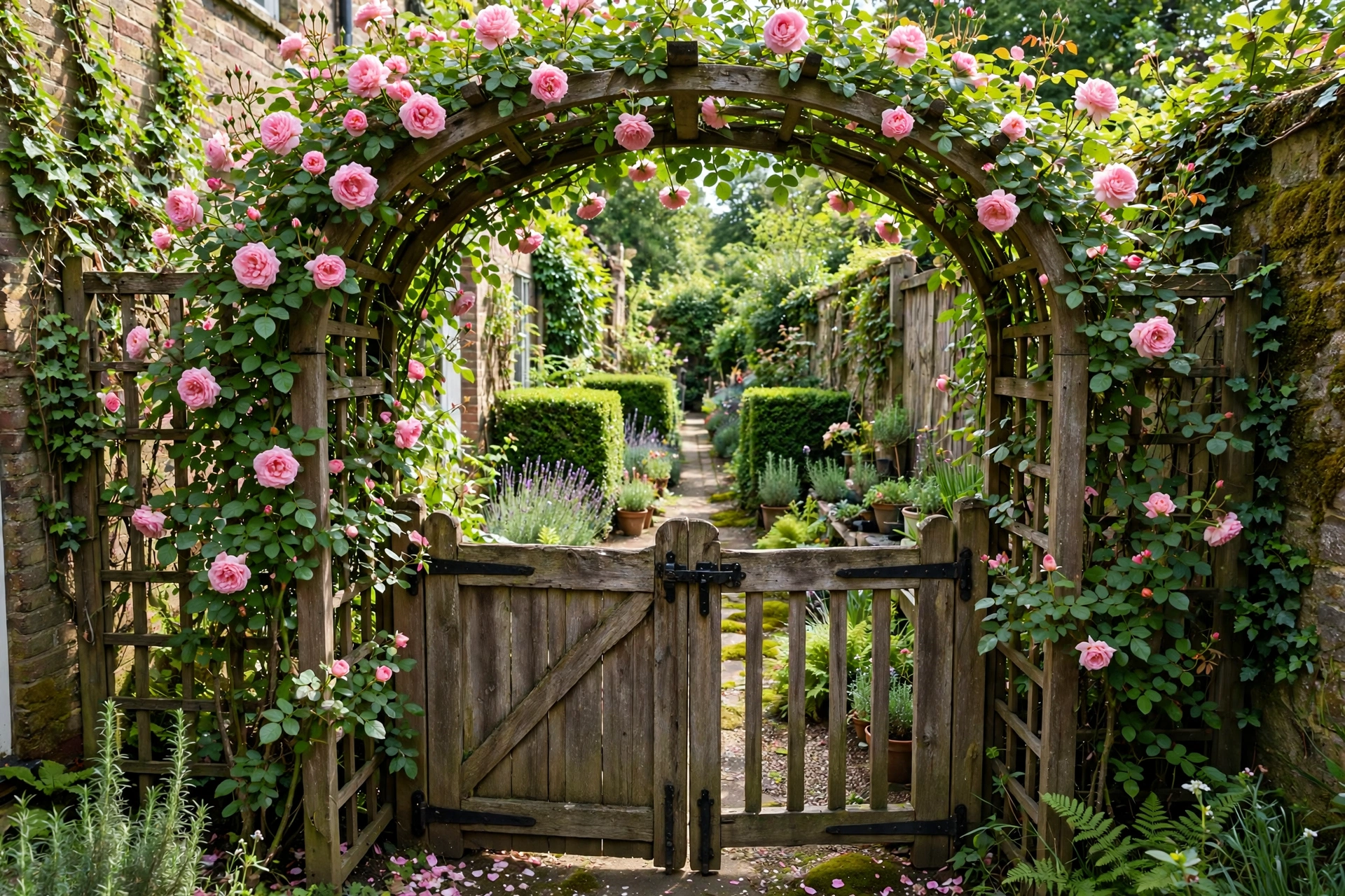 Garden arch over a wooden side gate covered in climbing roses, narrow landscaped side yard beyond.