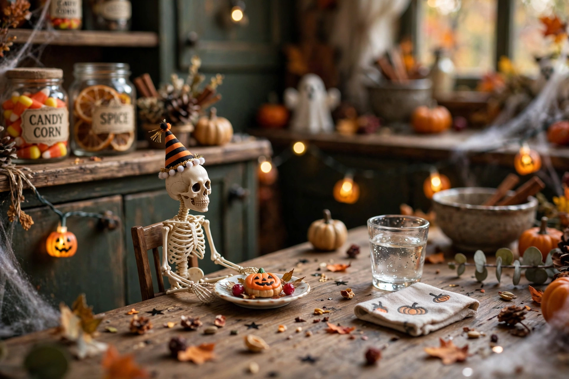 Mini skeleton seated at a dining table with its own plate and tiny party hat.
