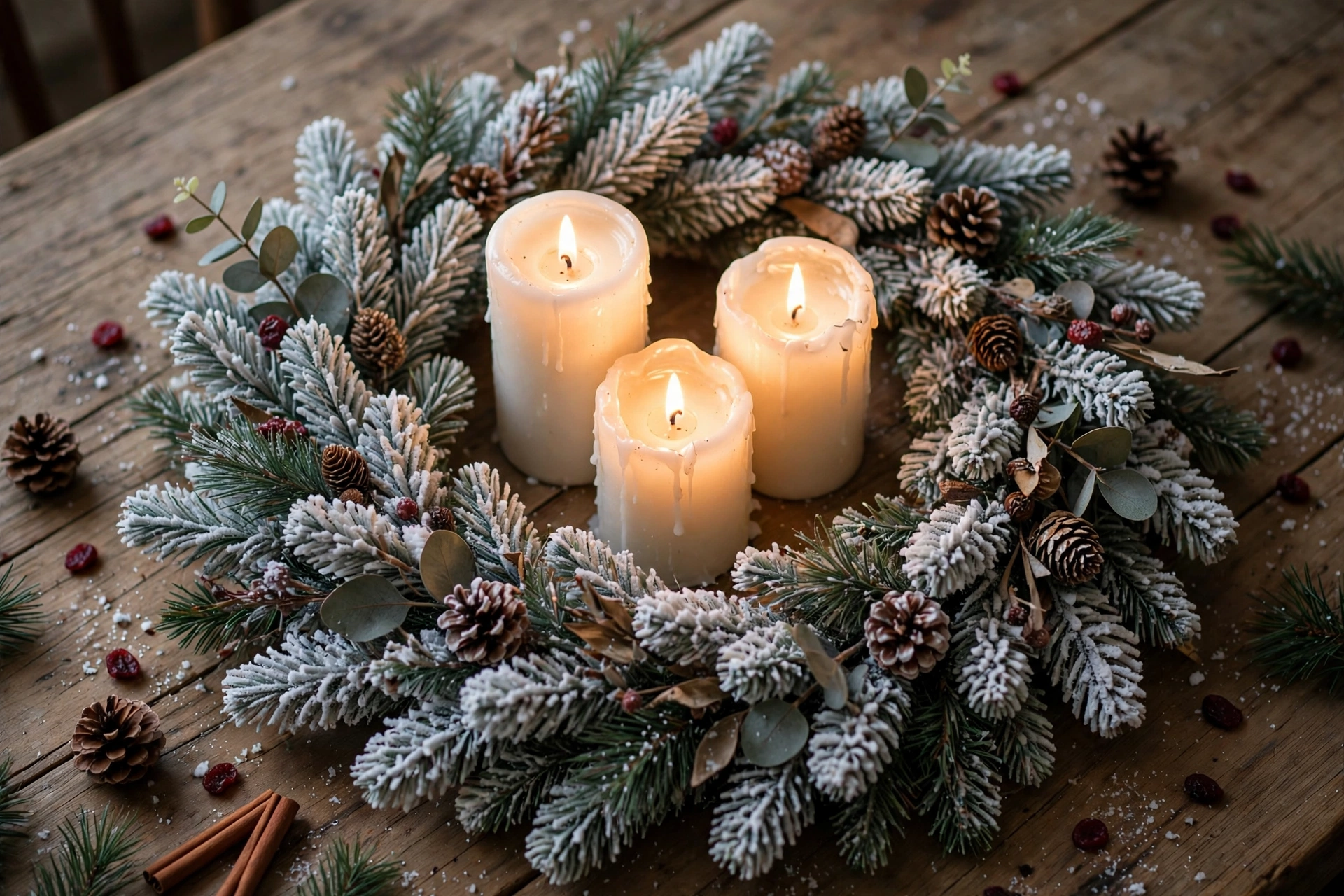 Small flocked wreath laid flat with three pillar candles glowing in the center.